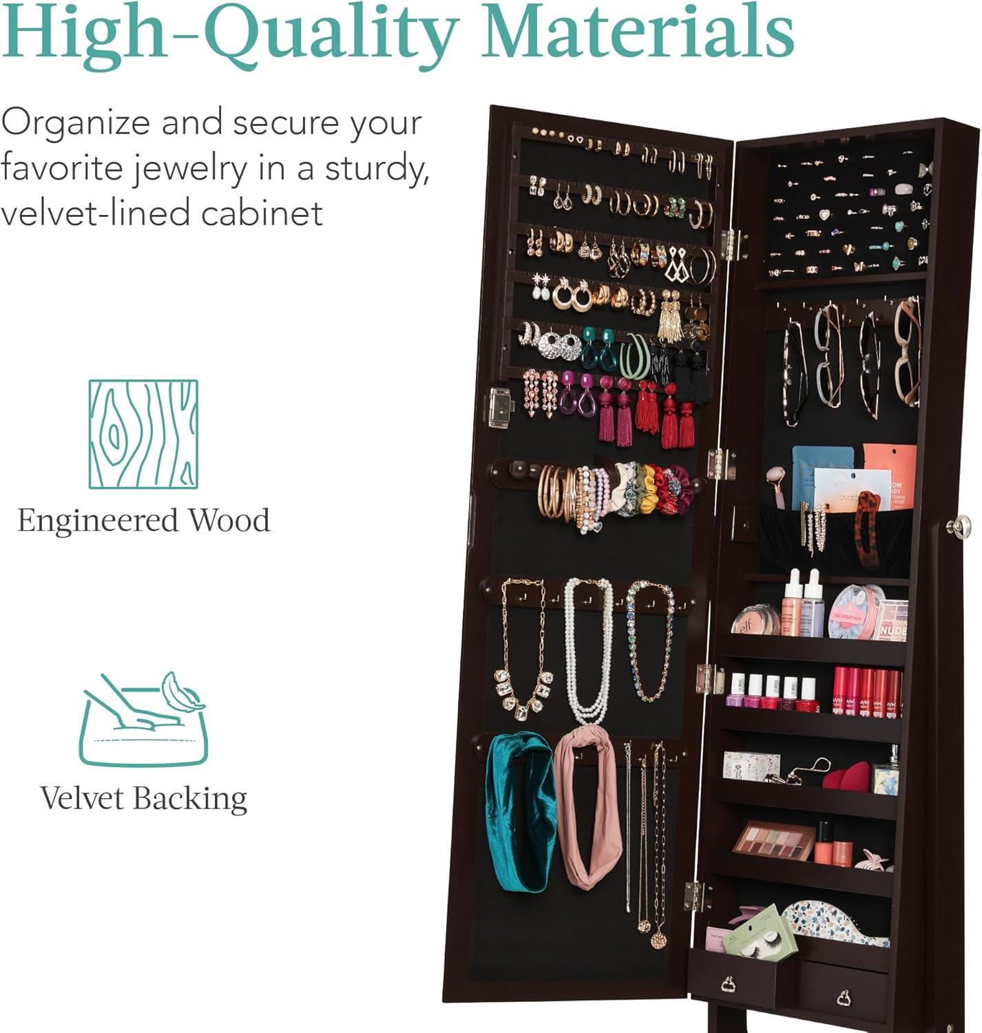 Best Choice Products Jewelry Armoire Cabinet, Full Length Mirror w/ Velvet Storage Interior, Lock - Espresso