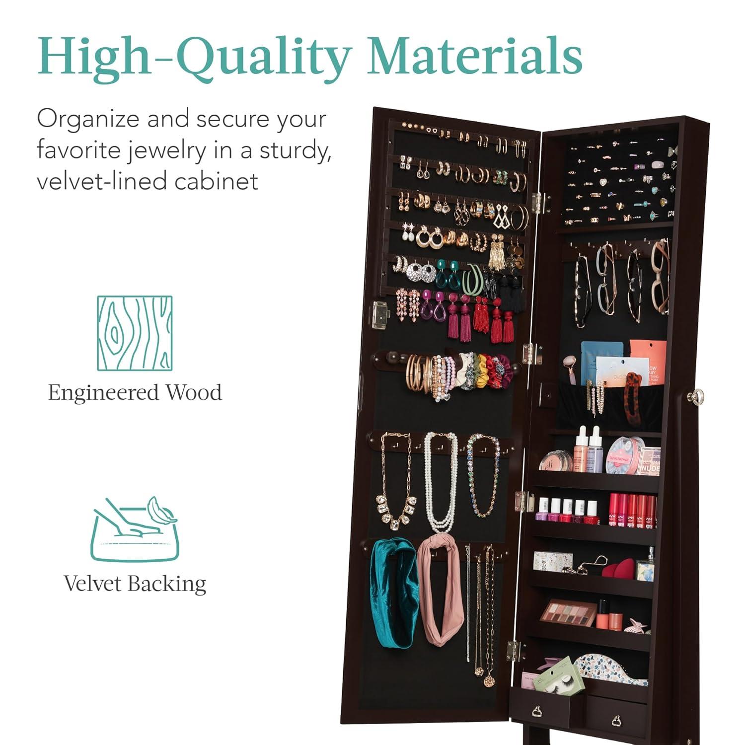Best Choice Products Jewelry Armoire Cabinet, Full Length Mirror w/ Velvet Storage Interior, Lock - Espresso