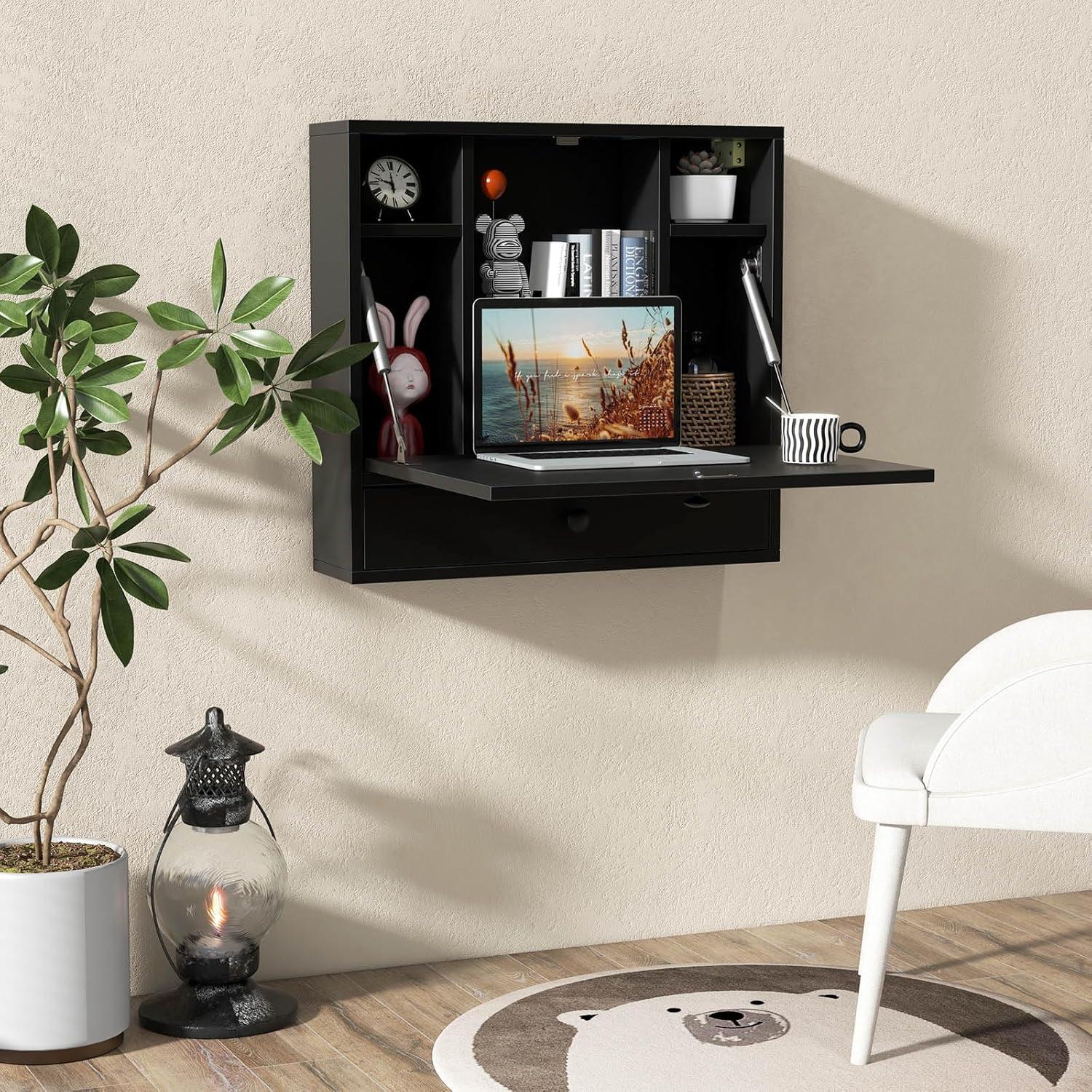 Tangkula Folding Wall Table - Floating Desk with Storage Drawer & Shelves (White)