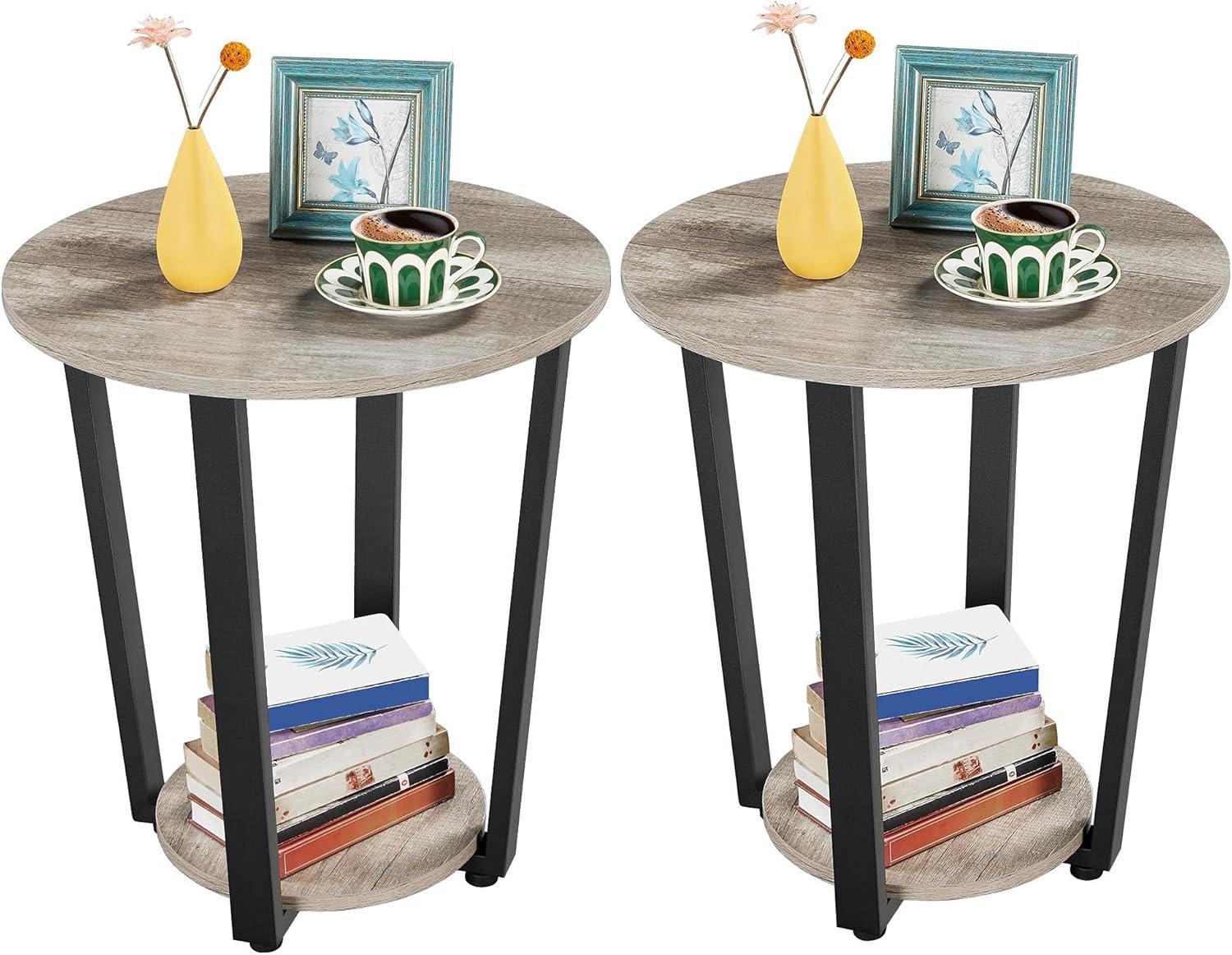 End Table, Nightstand Coffee Table with Open Shelves, Side Table Accent Table with Wooden Frame for Office, Home, Set of 2, Gray