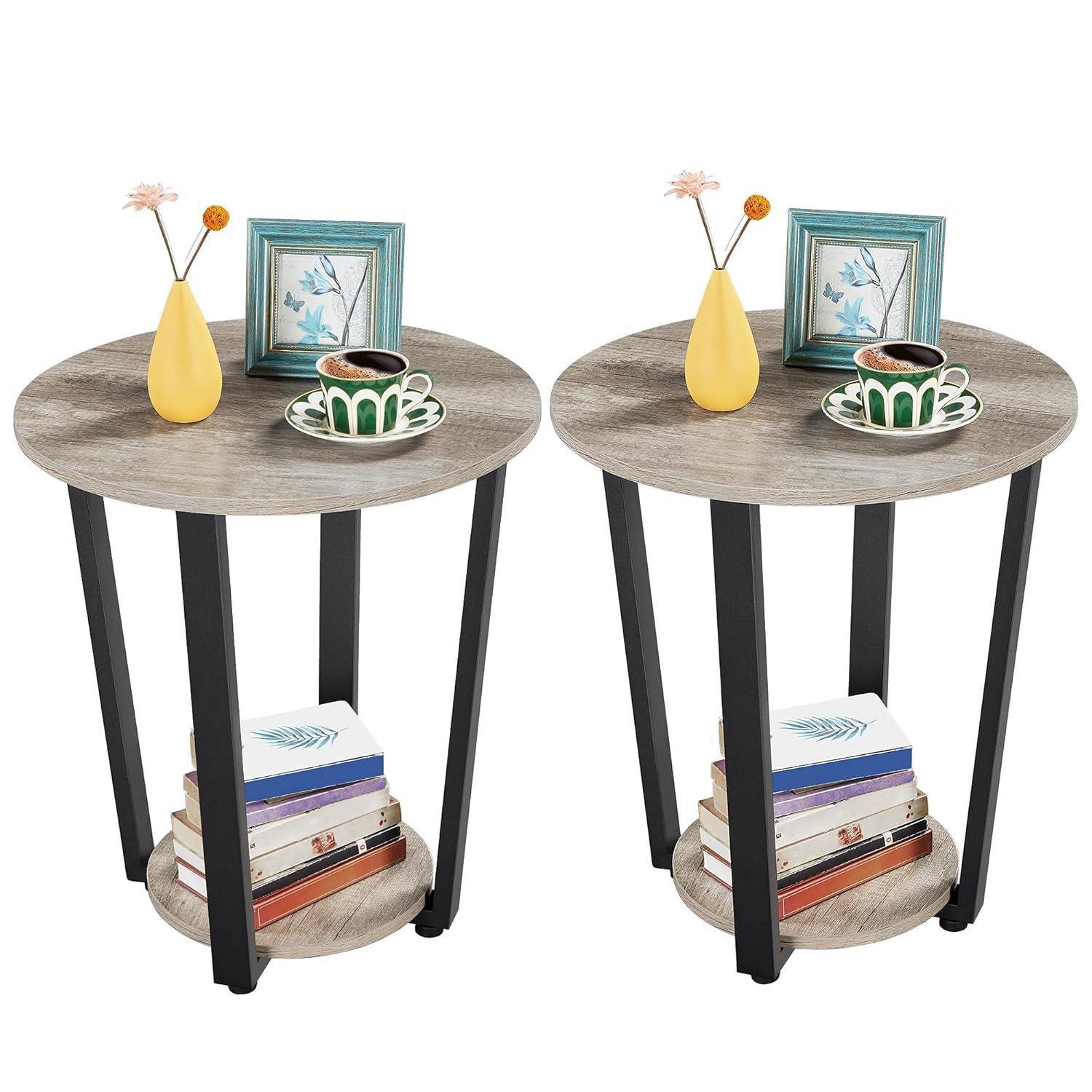 End Table, Nightstand Coffee Table with Open Shelves, Side Table Accent Table with Wooden Frame for Office, Home, Set of 2, Gray