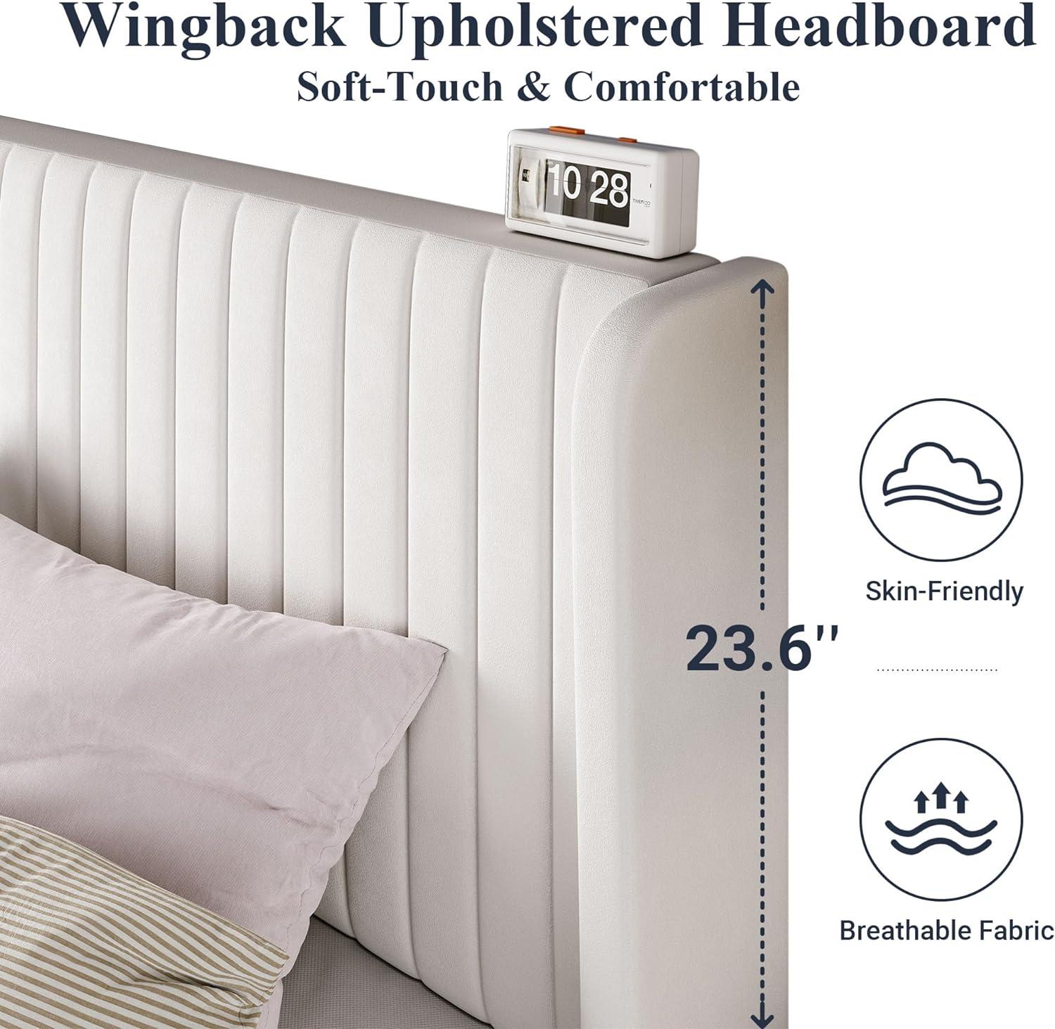 Elegant White Velvet Queen Bed with Tufted Wingback Headboard