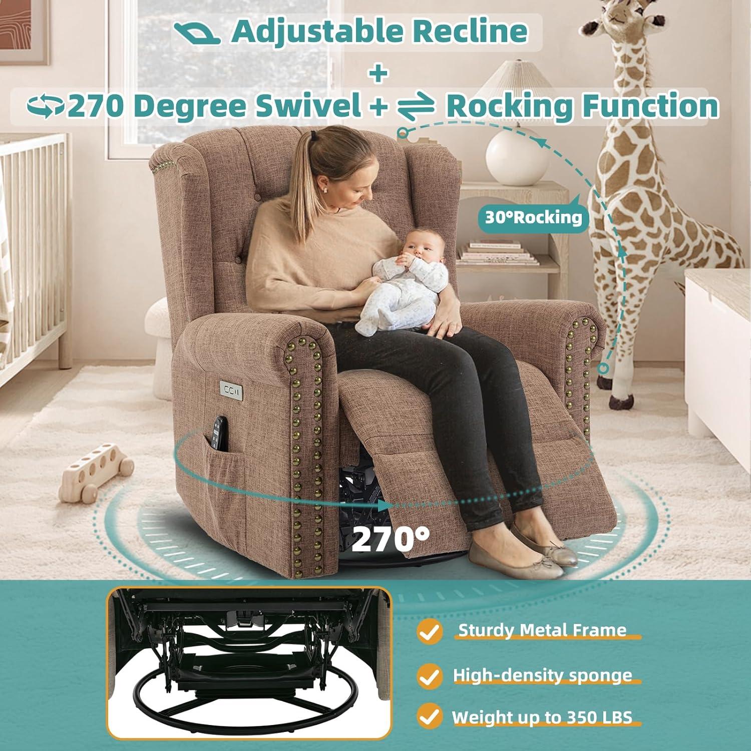 MEETWARM Meetwarm Power Swivel Rocking Glider Recliner Chair With Heat And Vibration, Electric Rocker Nursery Reclining Chair, Wingback Tufted Upholstered Recliner For Living Room, Type-C & Usb Ports