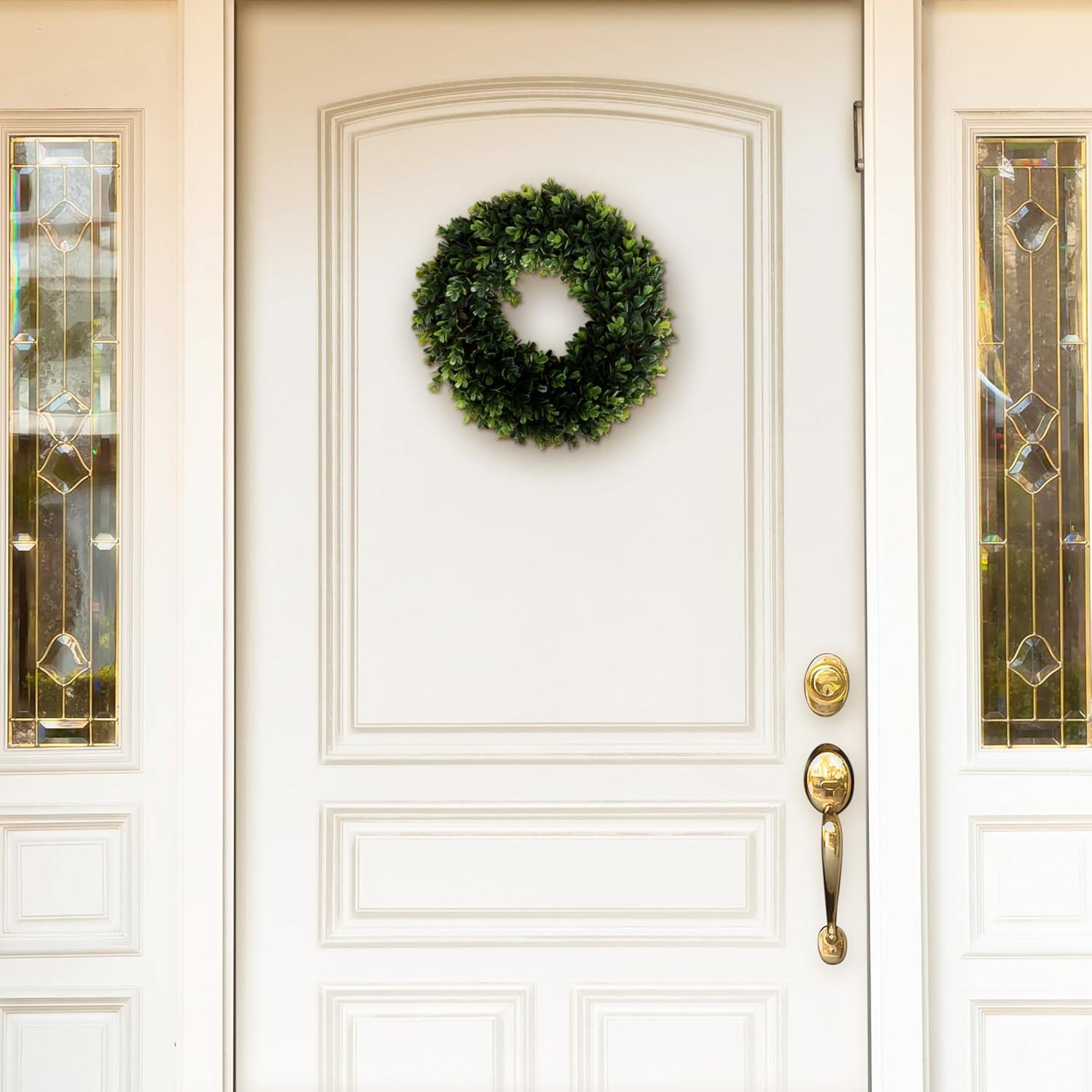 Artificial Boxwood Wreath - 12 Inch UV-Resistant Plastic Front Door Wreath and Window Decor for Spring and Summer by Pure Garden (Green)