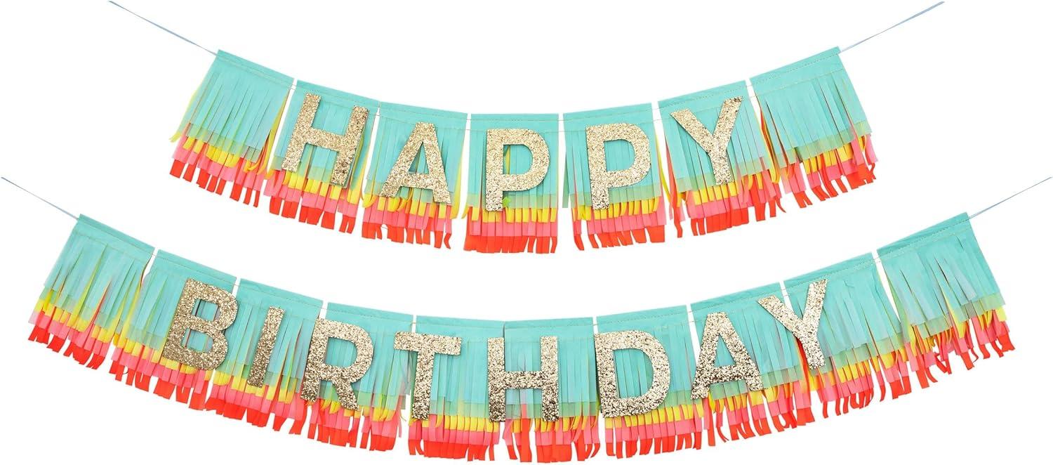 Rainbow Fringe Happy Birthday Banner with Gold Glitter Letters