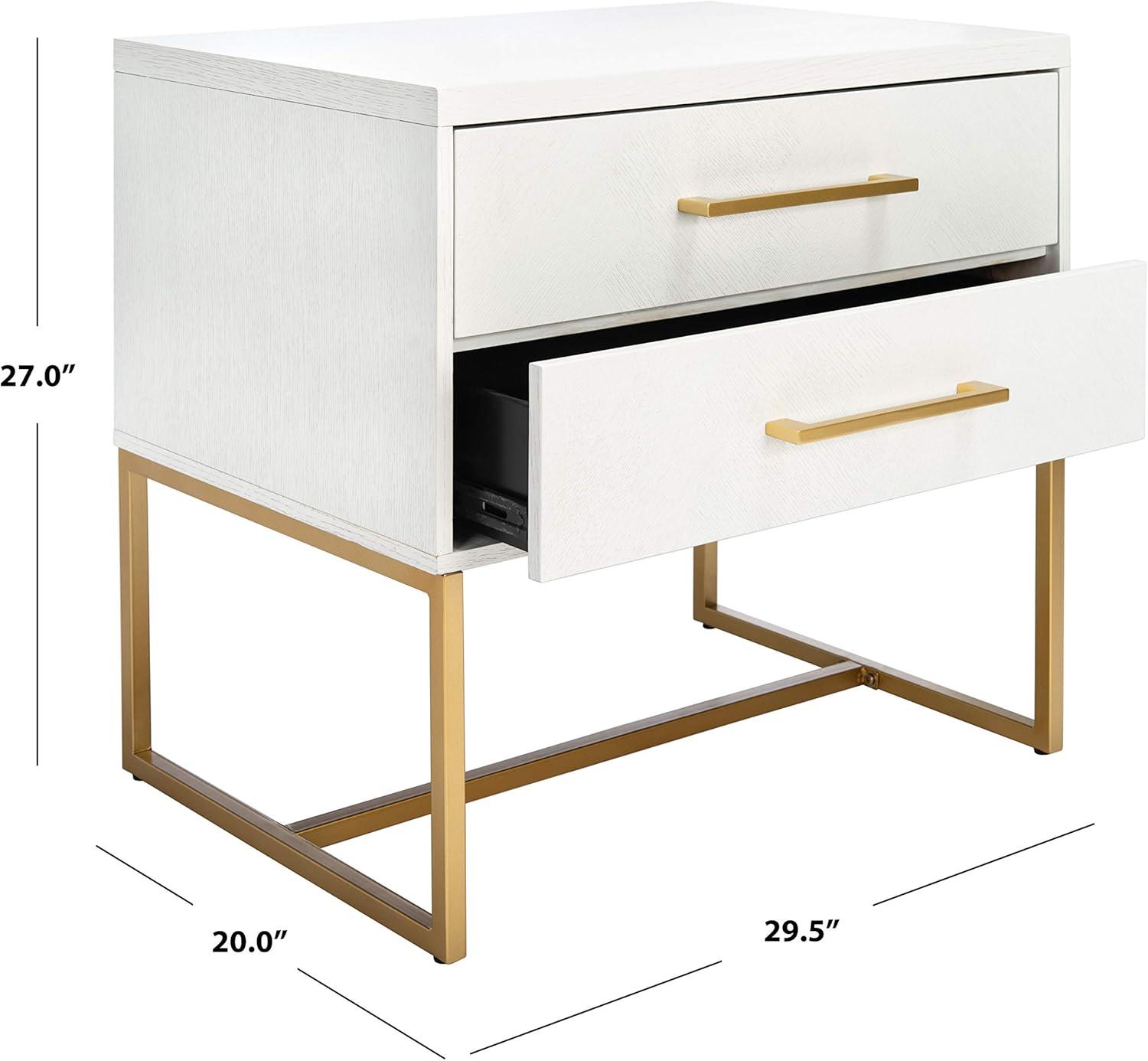 Estelle 36" White Contemporary 2-Drawer Nightstand with Brass Accents