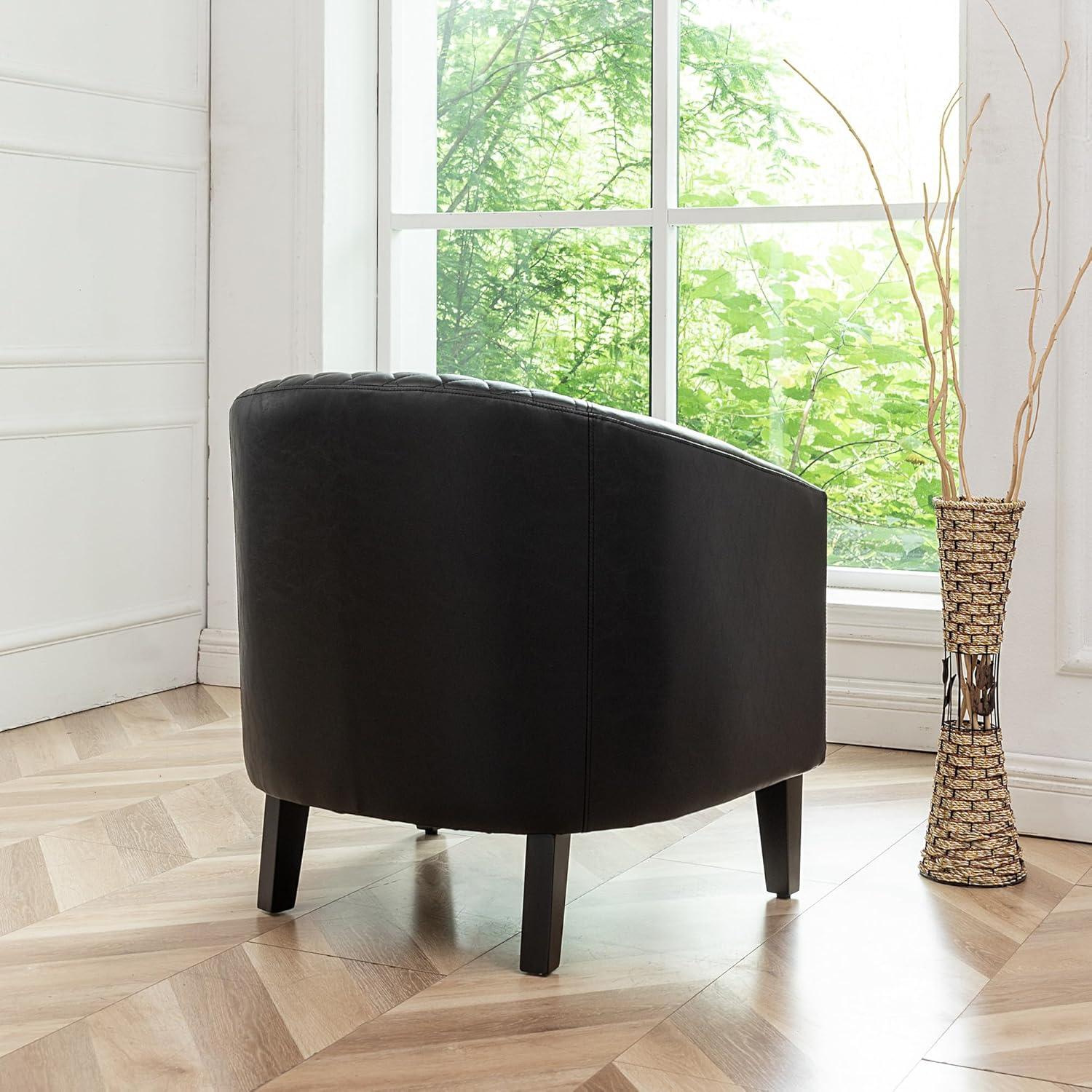 29" W Modern Faux Vegan Leather Barrel Chair, PU Upholstered Tufted Accent Club Chairs with Nailhead Trim, Small Armchair for Living Room Bedroom Apartment Lounge Nursery, Black