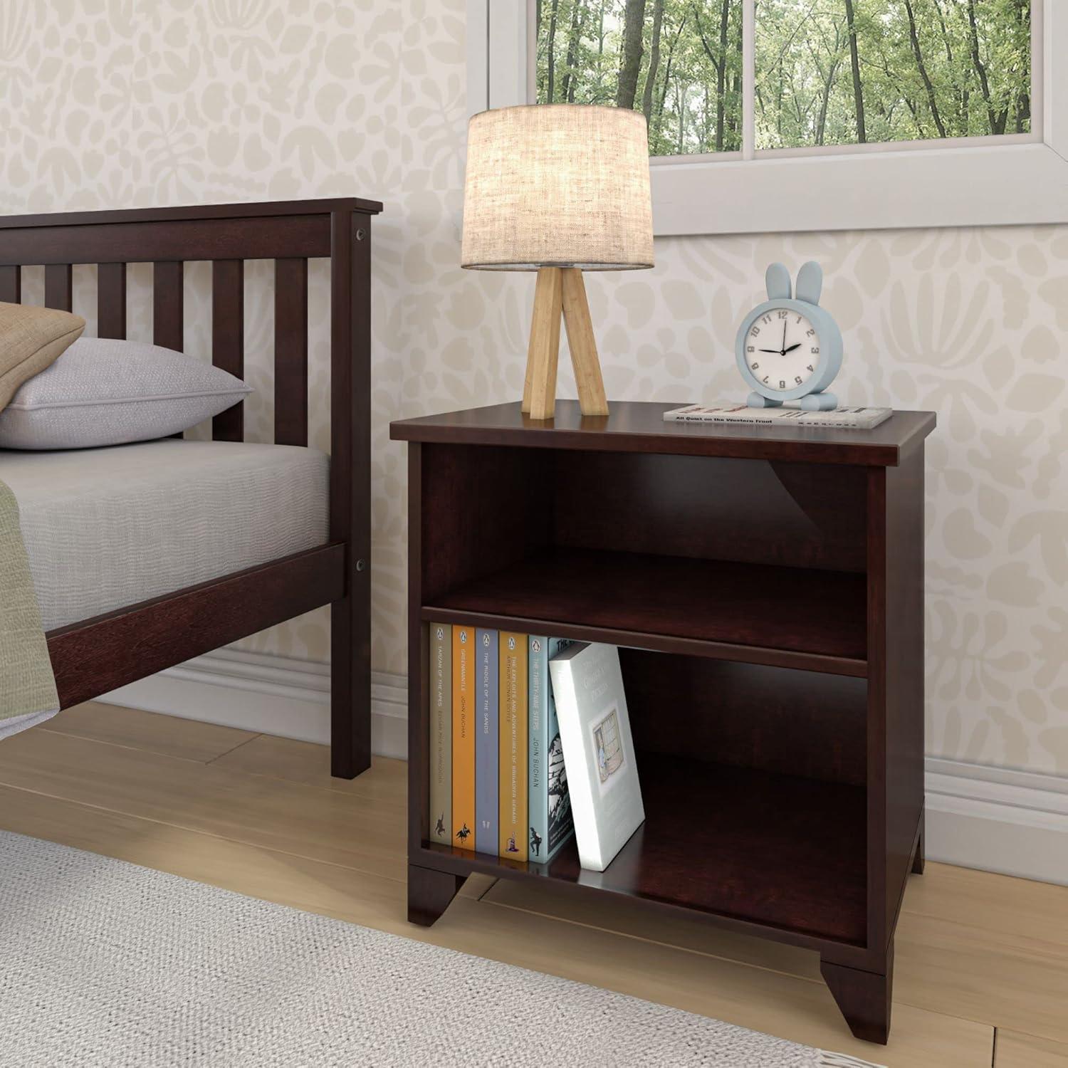 Espresso Classic Wood Nightstand with Shelves, 24" Kids Bedside Table