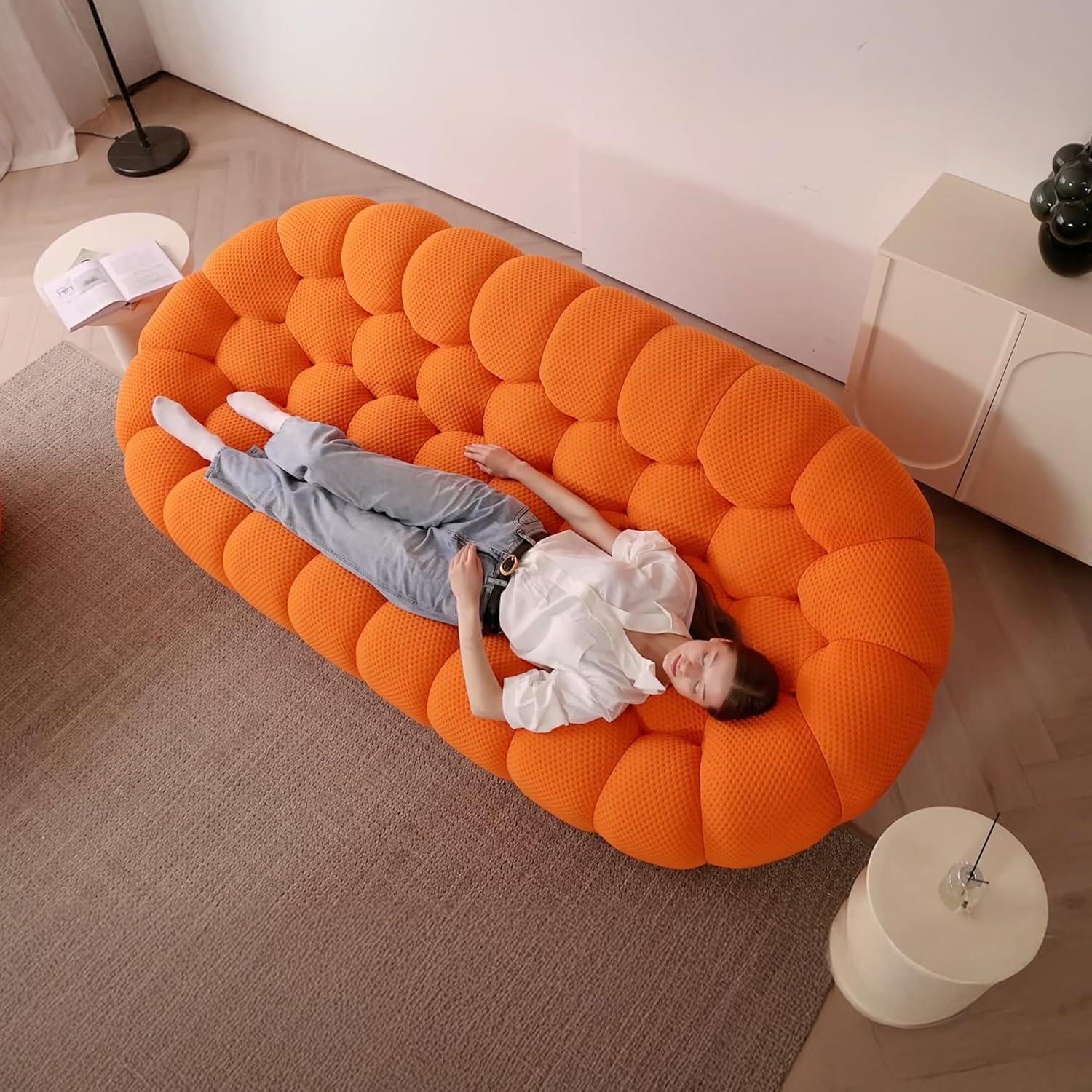 Bubble Couch, 98.43'' Modern 3-Seater Lazy Floor Couch, Memory Foam Bubble Round Sofa 3D Honeycomb Shape Curved Sofas for Living Room, Office, Apartment (Orange)