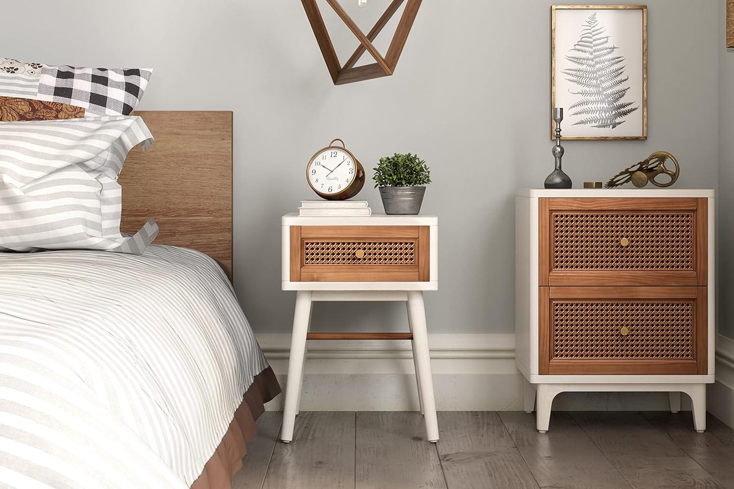 Coastal Chic Distressed White Woven Cane Nightstand with Brass Knobs