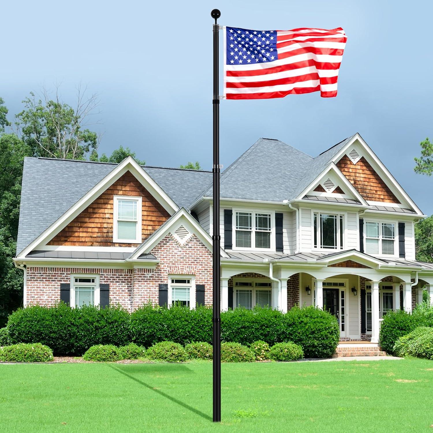 Heavy Duty Black Aluminum Telescoping Flagpole Kit with American Flag