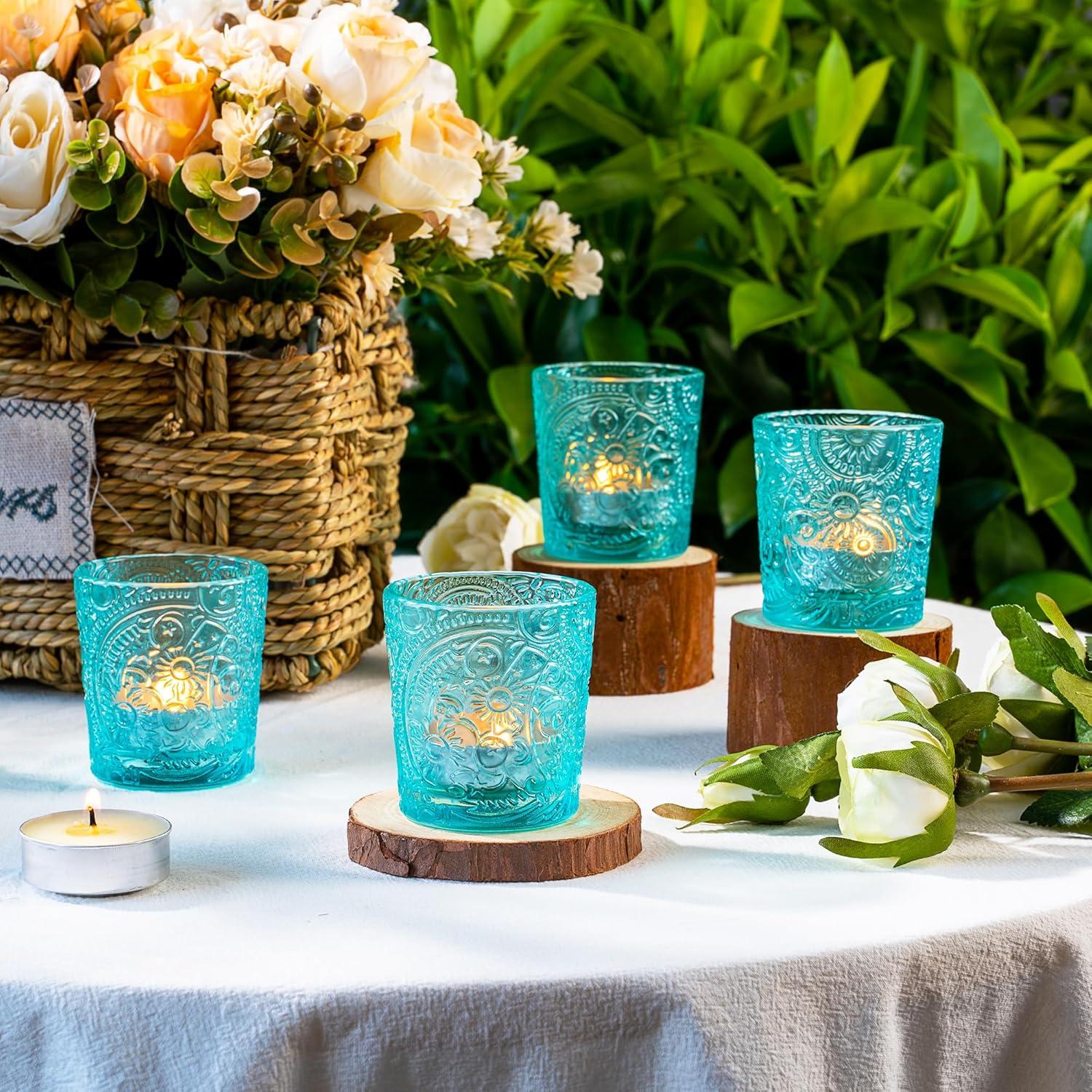 6 Pack Sun Moon Star Embossed Glass Tea Light Candle Holders - Votive Candle Holders for Wedding, Party, Home Decor, and Table Centerpieces (Aqua Blue)