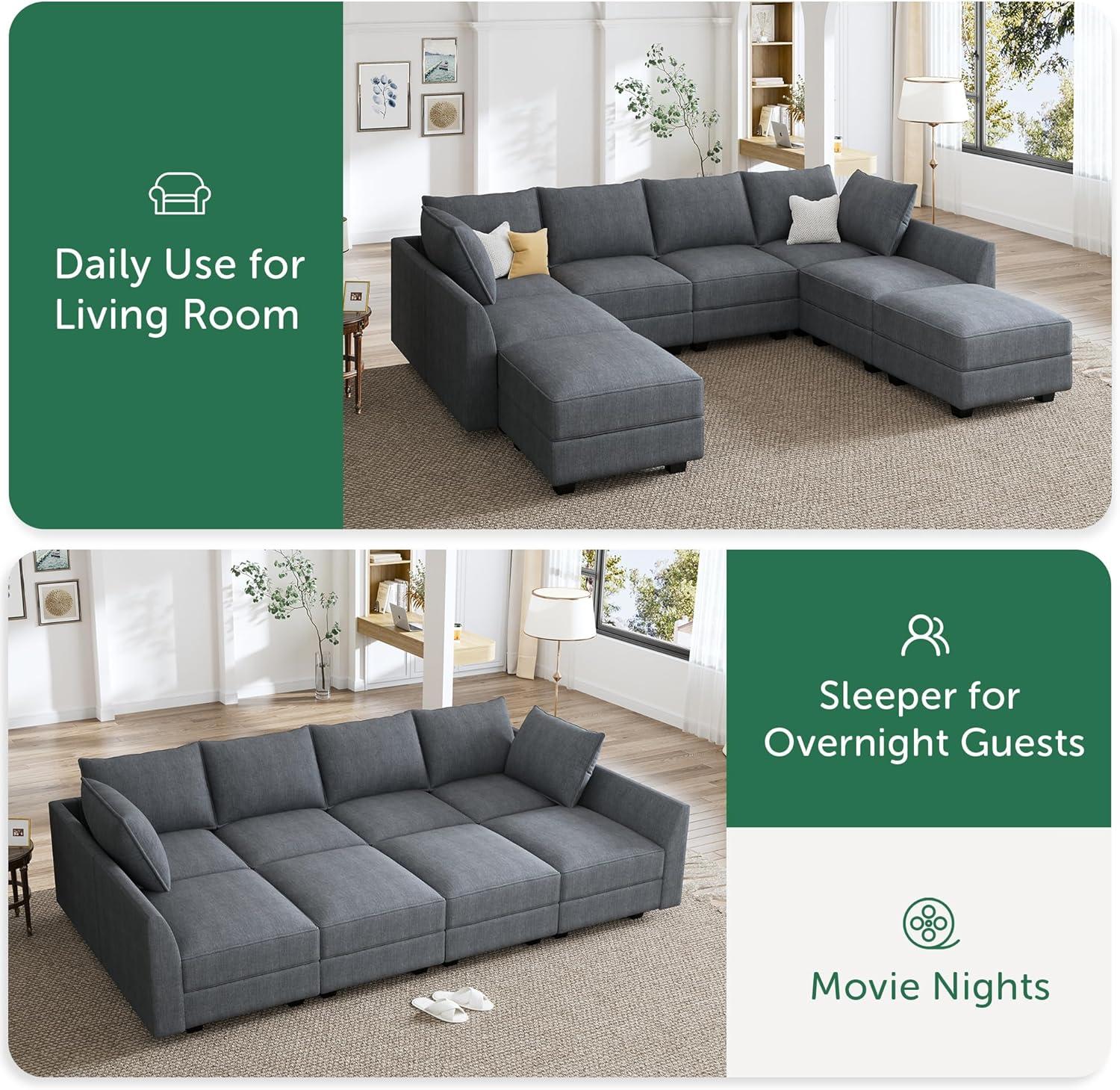 HONBAY Modular Sectional Sofa with Reversible Chaises Sofa with Ottomans U Shaped Sectional Couch for Living Room, Bluish Grey