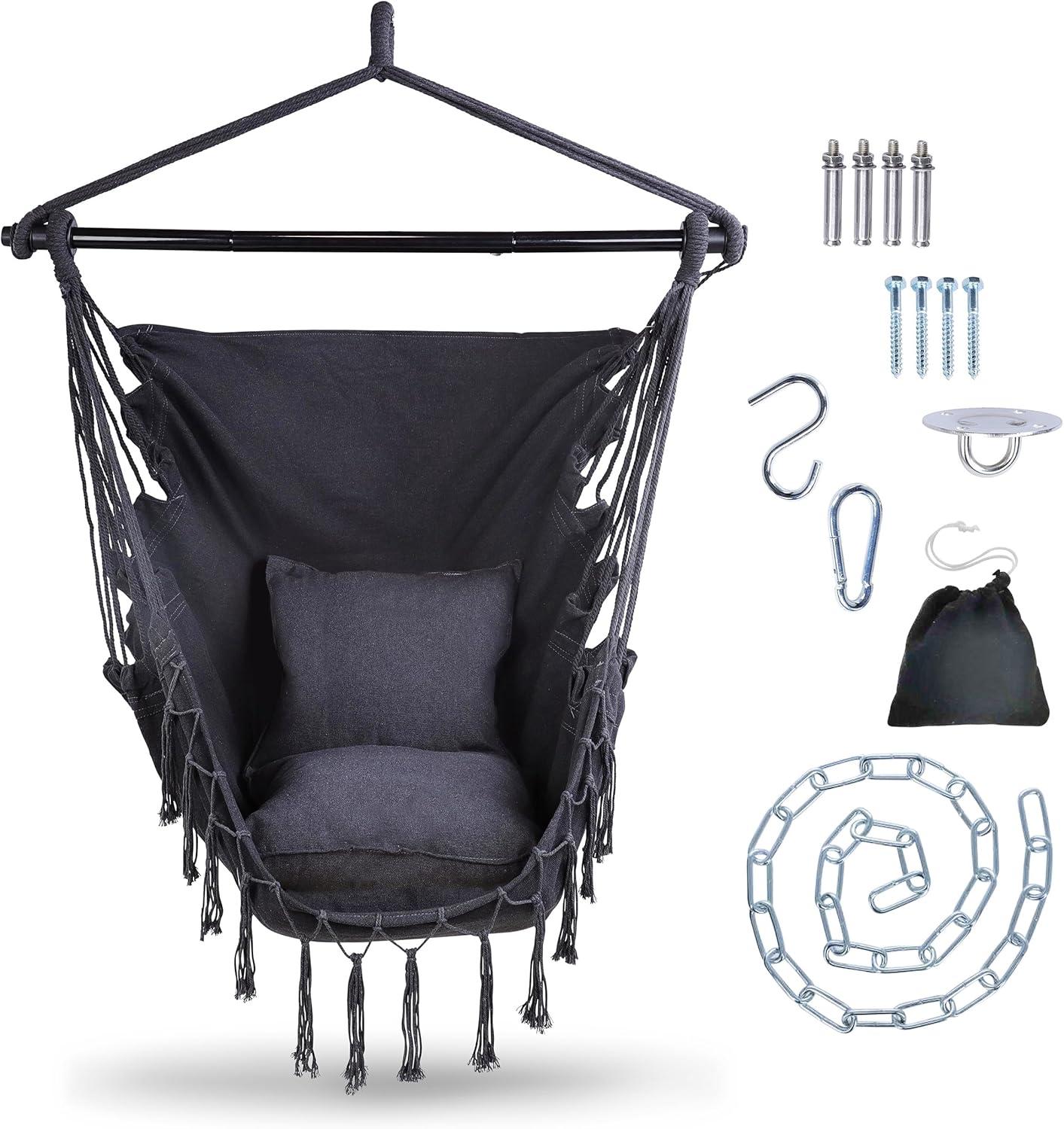 7Penn Hammock Chair Swing - Indoor Outdoor 440lb Max Black Boho Hanging Chair