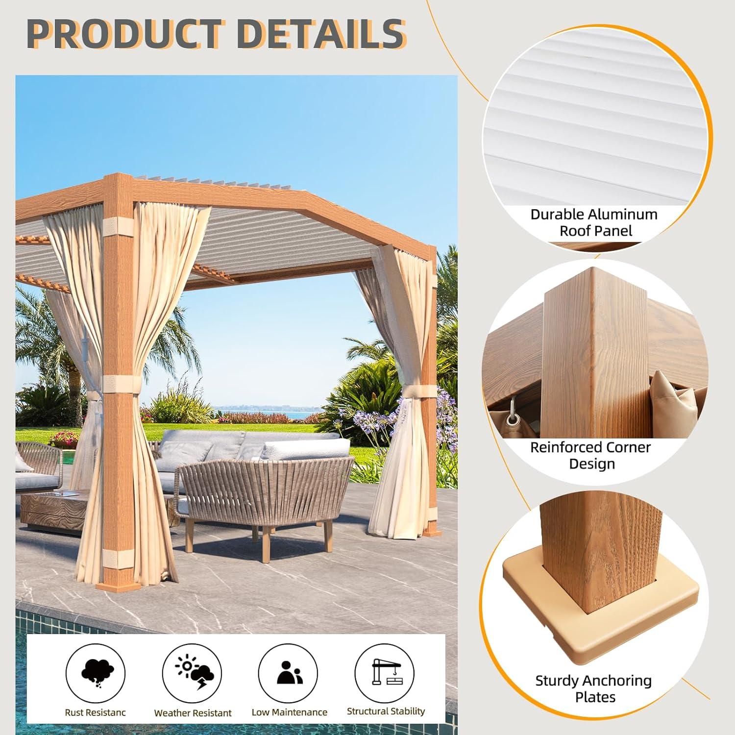 Wood Grain Aluminum Pergola with Adjustable Louvered Roof and Curtains