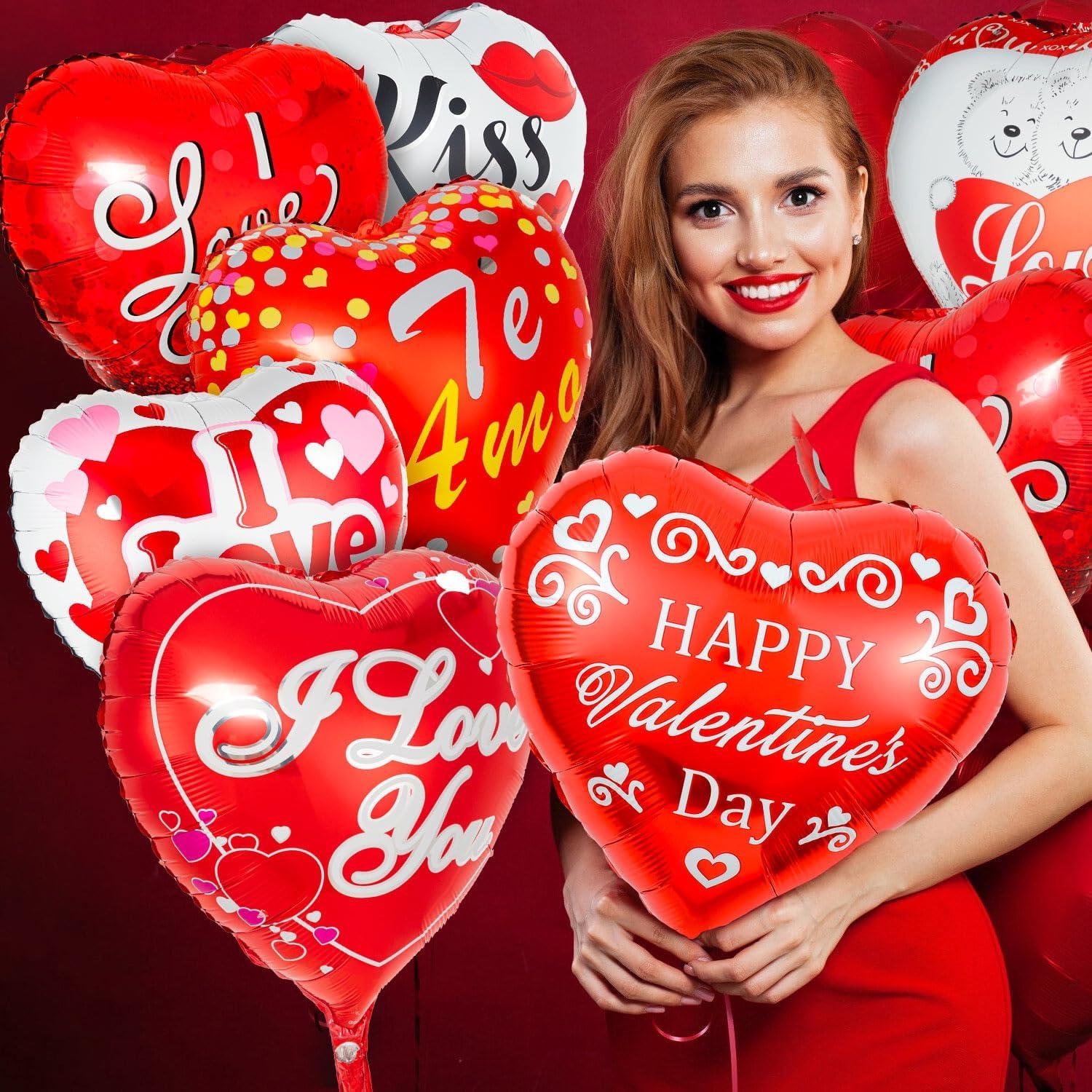 36 Red Heart Balloons - Happy Valentine's Day Foil & Mylar Balloons for Special Night Party Decorations