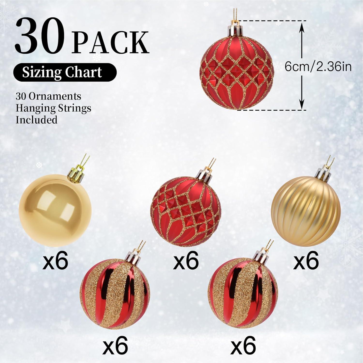 30CT Christmas Balls Ornaments, 2.36 Inch Colored Shatterproof Plastic Decorative Baubles for Xmas Tree Decor, Red & Gold, 60mm