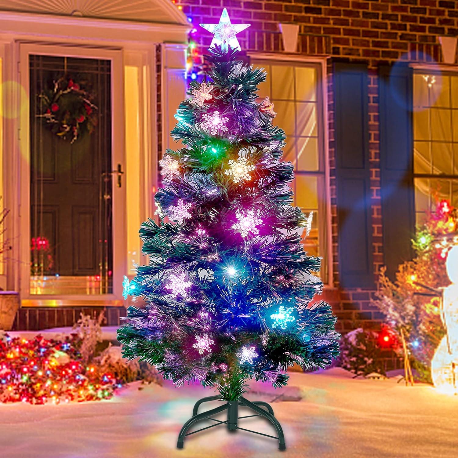 5 FT Artificial Tree, Pre-Lit Optical Fiber Trees with Multicolor LED Lights, Snowflakes & Top Star, Lighted Tree Holiday Home Decor