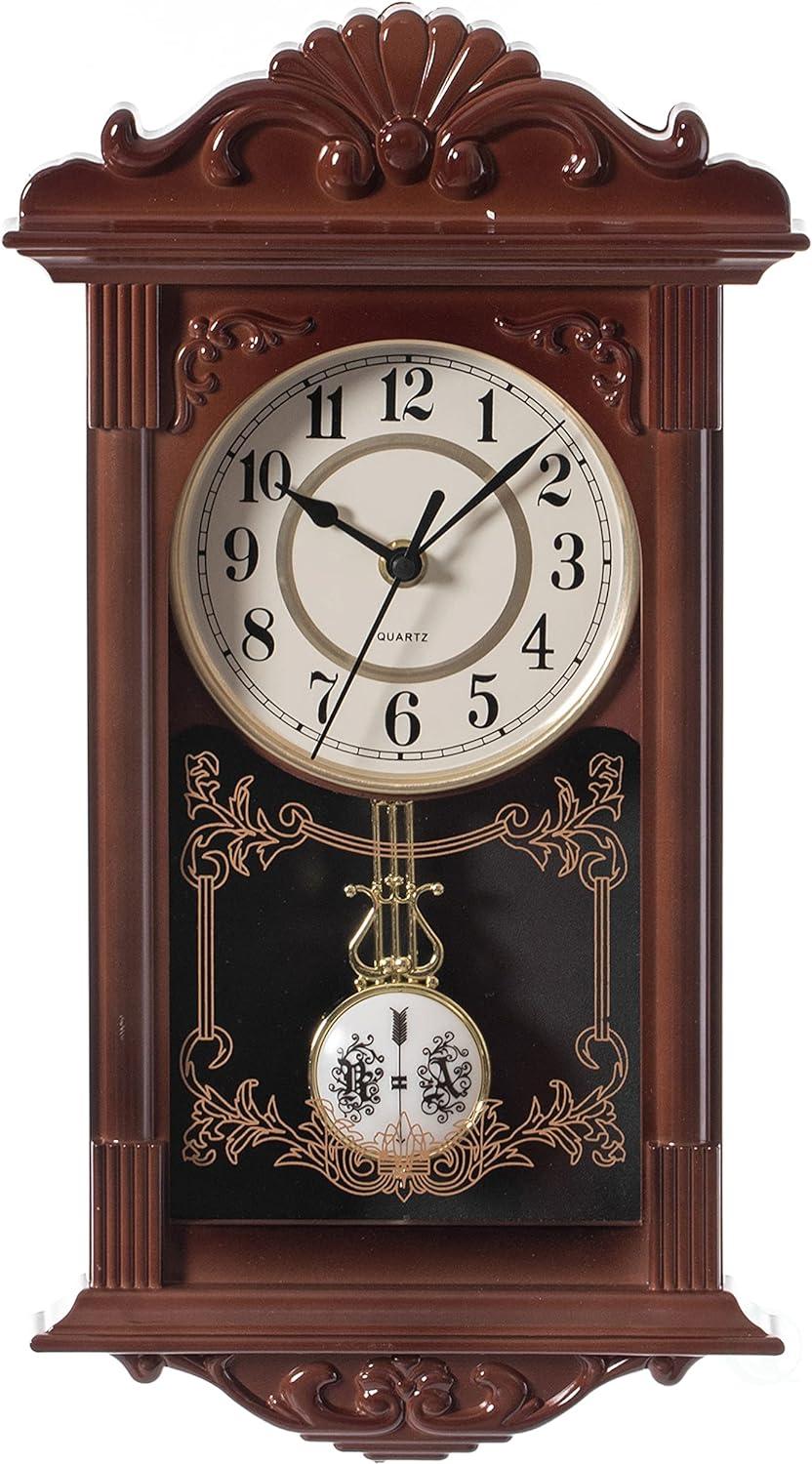 Clockswise Vintage Grandfather Wood-Looking Plastic Pendulum Decorative Battery-Operated Wall Clock