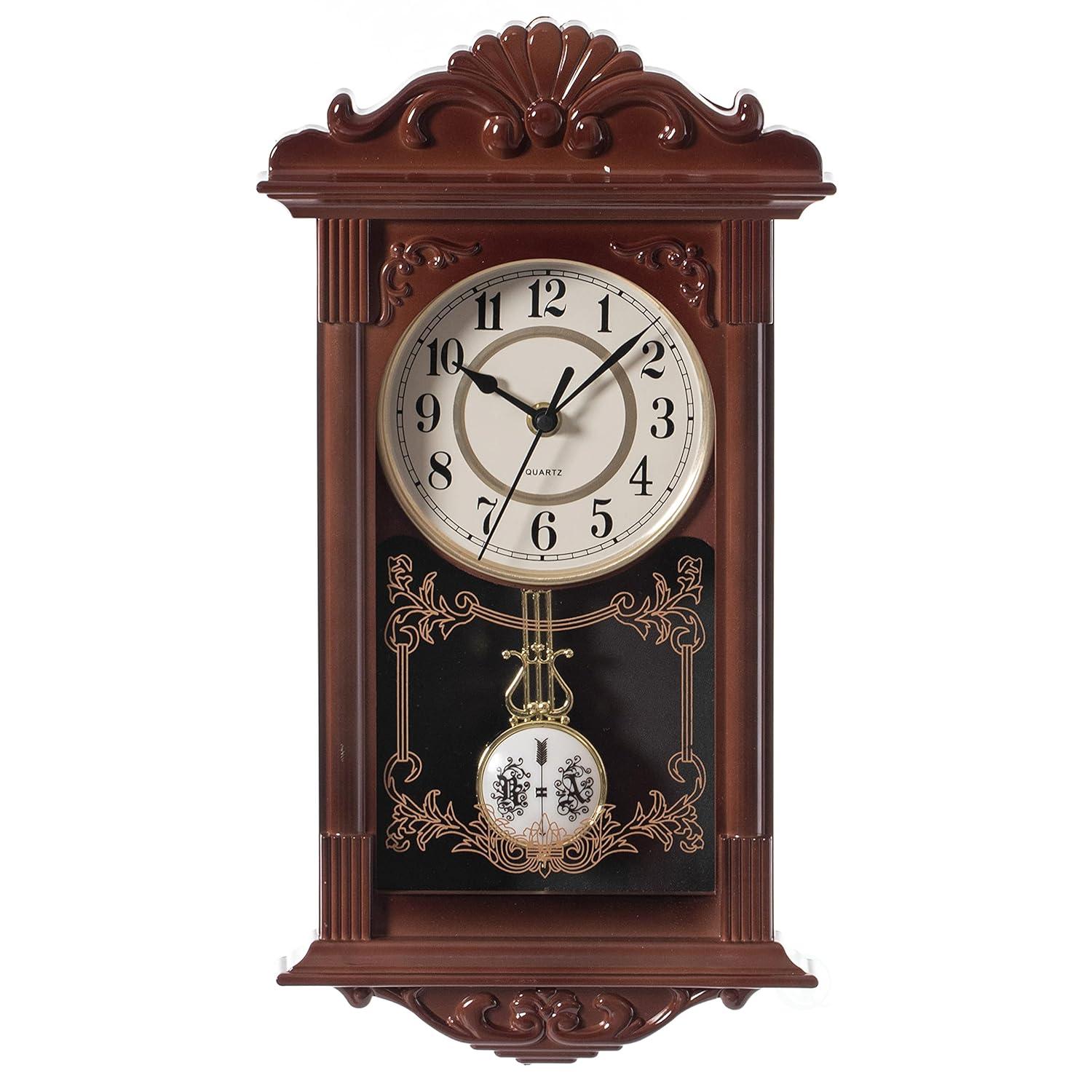 Clockswise Vintage Grandfather Wood-Looking Plastic Pendulum Decorative Battery-Operated Wall Clock, for Home Decor, Brown