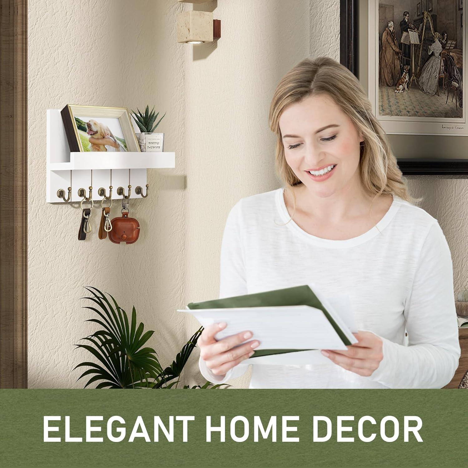 Rebee Vision Key Holder Wall Mount - Decorative Key and Mail Organizer for Wall with Shelf - Entryway and Living Room Decor(White)