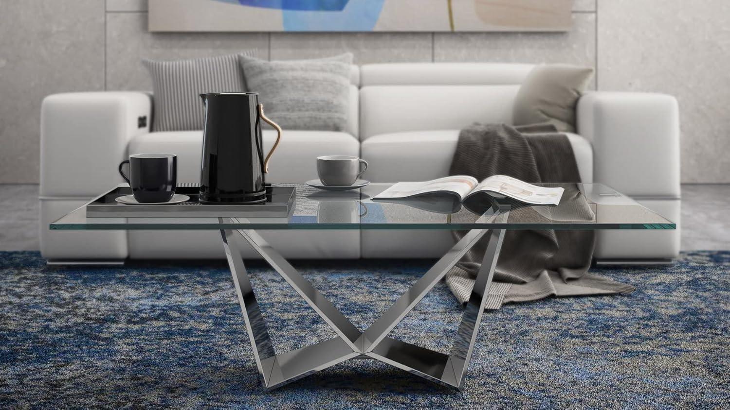 Serra 51'' Clear Glass Coffee Table with Polished Stainless Steel Base