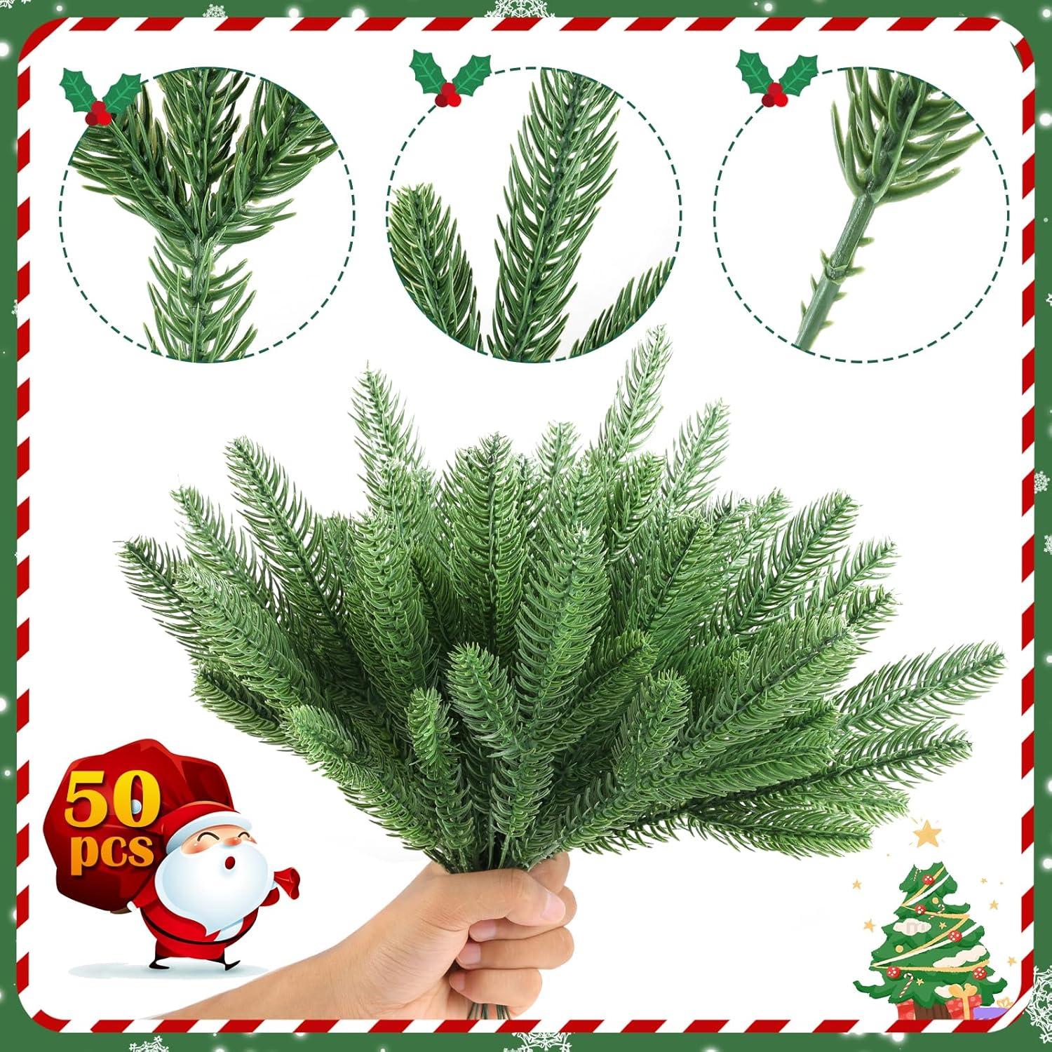 50 Pcs Artificial Pine Branches Christmas Pine Needles Green Plants Fake Greenery Pine Picks Christmas Decorations for DIY Garland Wreath Xmas Embellishing and Home Garden Decoration