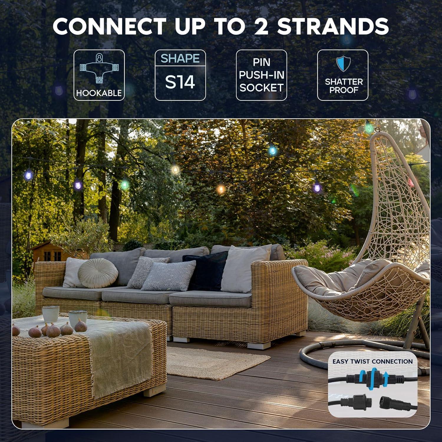 Luxrite 48FT LED RGBW Outdoor String Lights, Remote Control Color Changing Cafe Lights, Commercial Grade Waterproof, 24 Edison S14 Shatterproof Bulbs, IP65, Dimmable Outside Hanging Lights for Patio