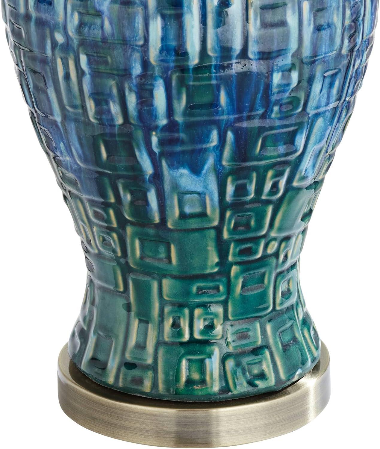 Possini Euro Design Asian Inspired Table Lamp 27" Tall Ceramic Teal Glaze Patterned Temple Jar White Empire Shade for Living Room (Colors May Vary)
