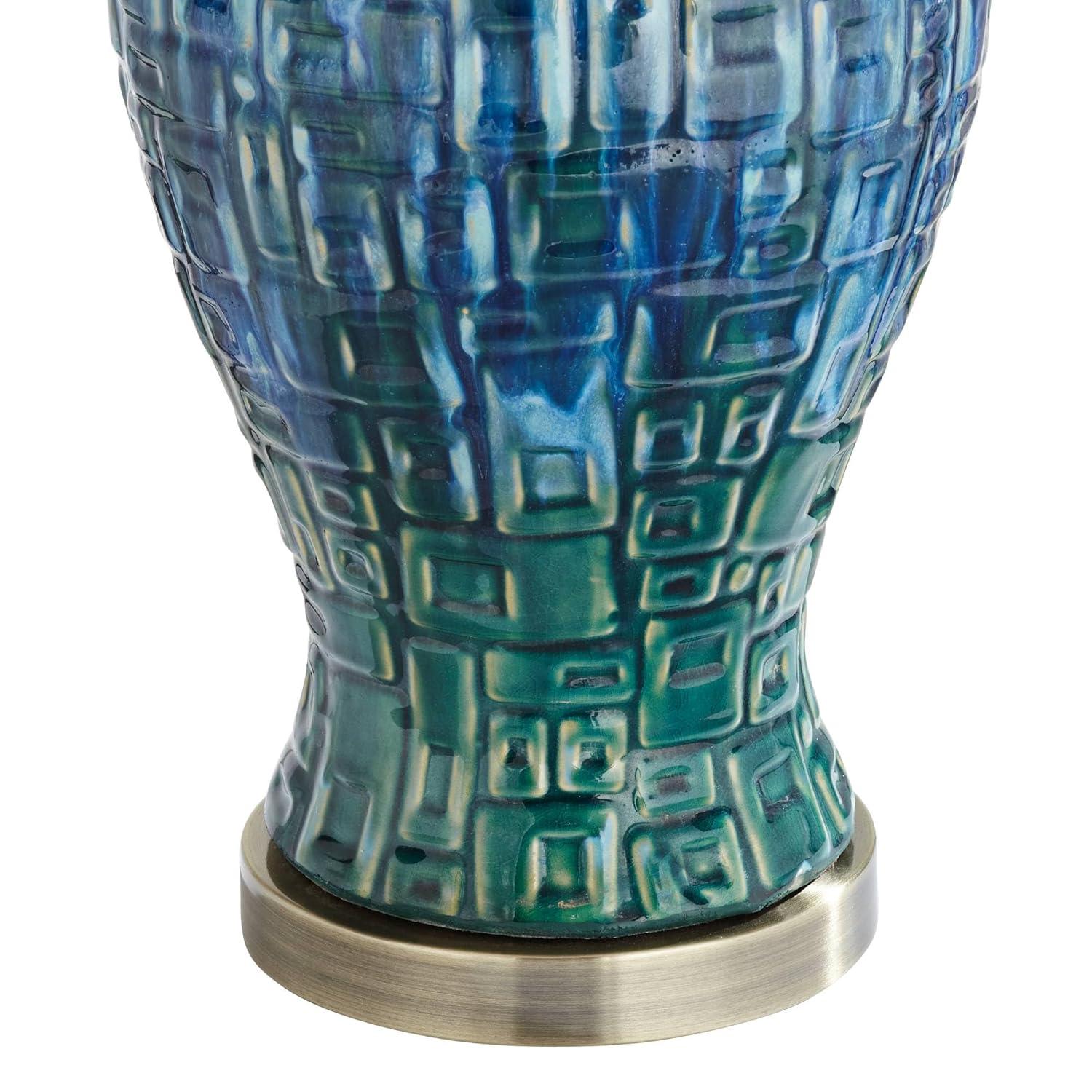 Possini Euro Design Asian Inspired Table Lamp 27" Tall Ceramic Teal Glaze Patterned Temple Jar White Empire Shade for Living Room (Colors May Vary)
