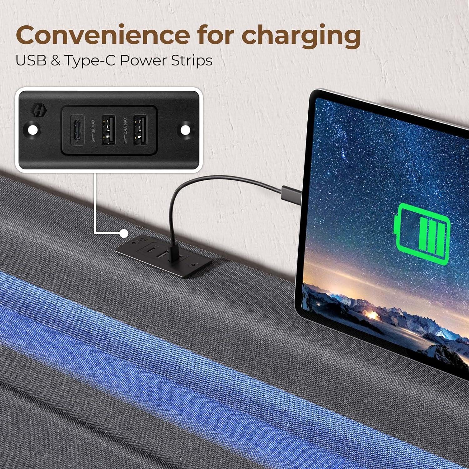 Rolanstar Bed Frame Twin Size with LED Lights and Charging Station, Upholstered Bed with Motion Activated Night Light and Wood Slats, Dark Grey
