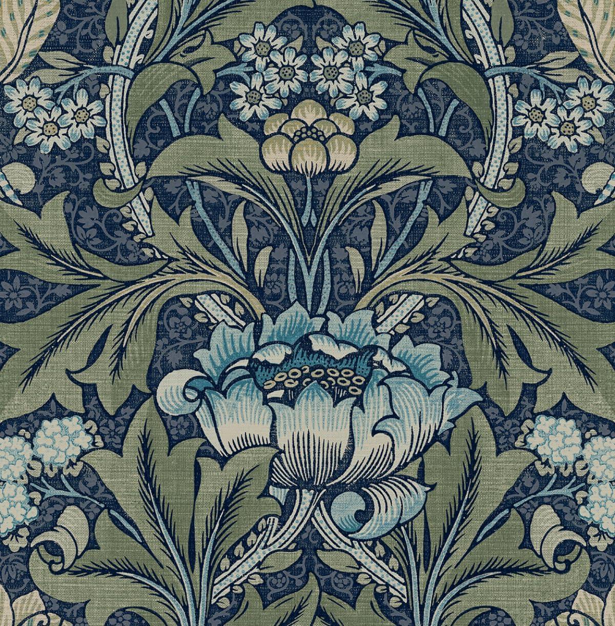 Seabrook Designs  Acanthus Floral Prepasted Wallpaper 20.5 in. W x 33 ft. L - Denim & Sage