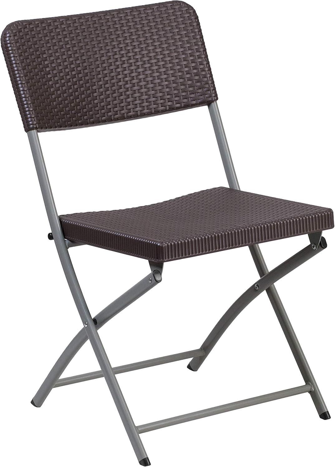 Emma and Oliver 2 Pack Brown Rattan Plastic Indoor-Outdoor Patio Folding Chair