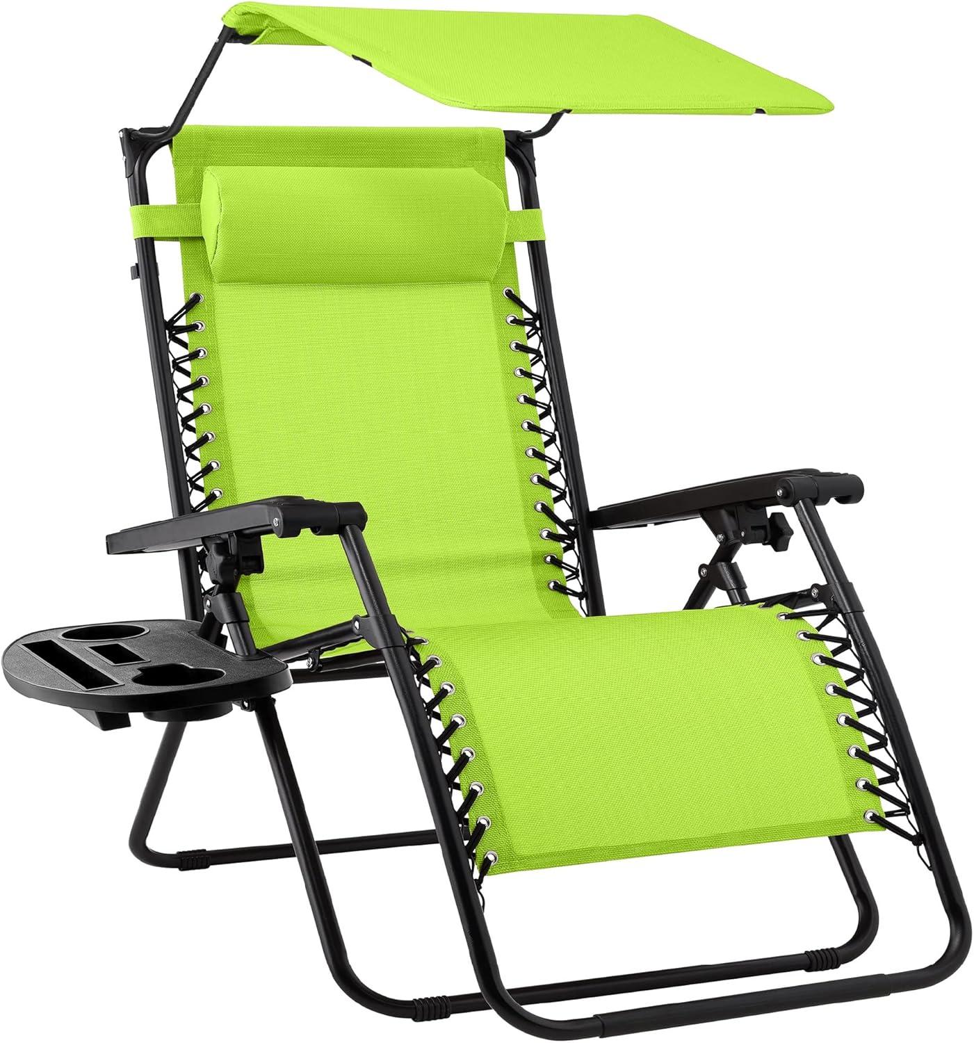 Best Choice Products Folding Zero Gravity Recliner Patio Lounge Chair w/ Canopy Shade, Headrest, Tray - Lime Green