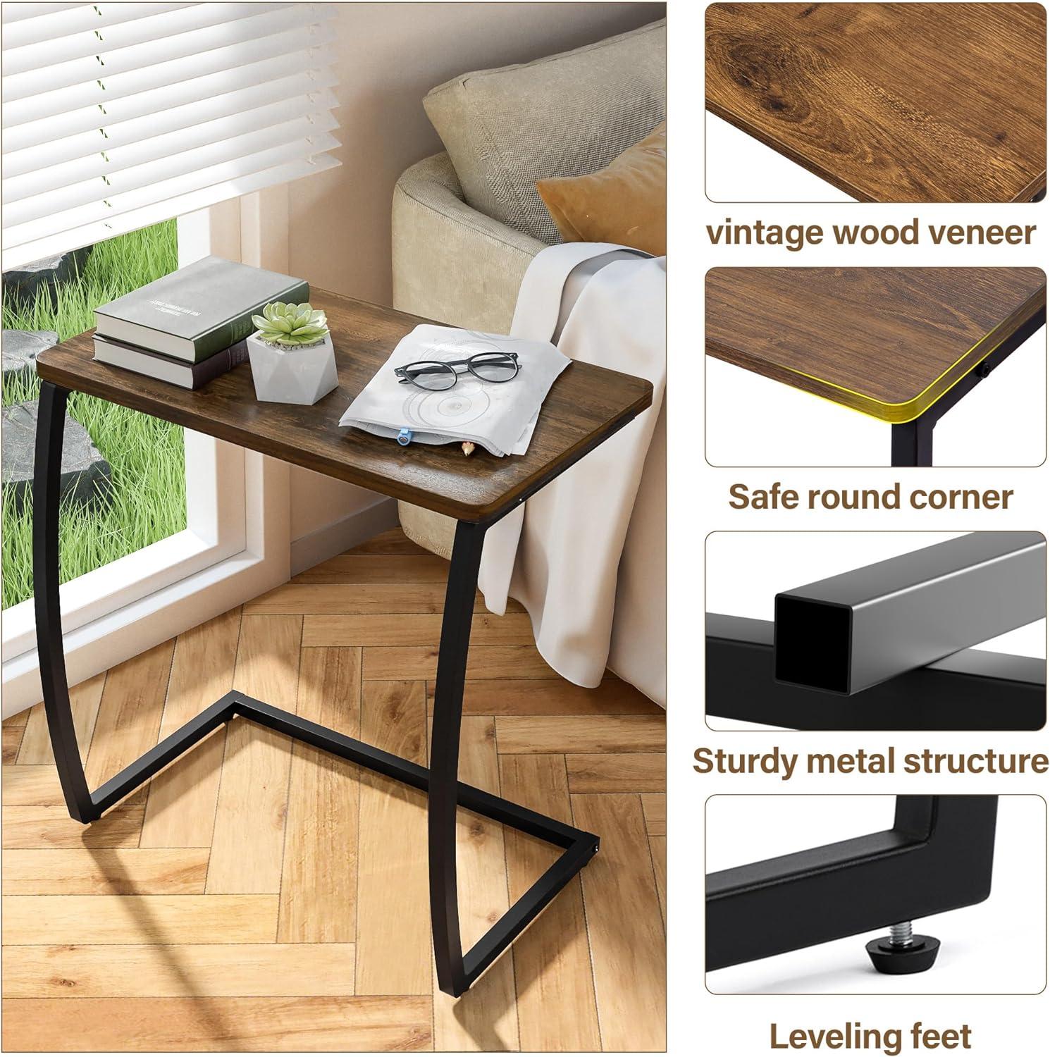 SRIWATANA Side Table, End Table, Vintage C-Shaped Couch Table for Sofa Laptop Coffee Snack, Walnut