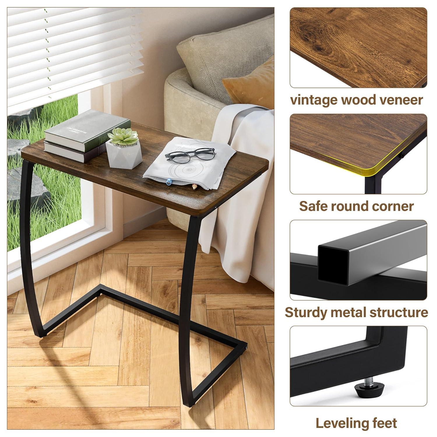 SRIWATANA Side Table, End Table, Vintage C-Shaped Couch Table for Sofa Laptop Coffee Snack, Walnut