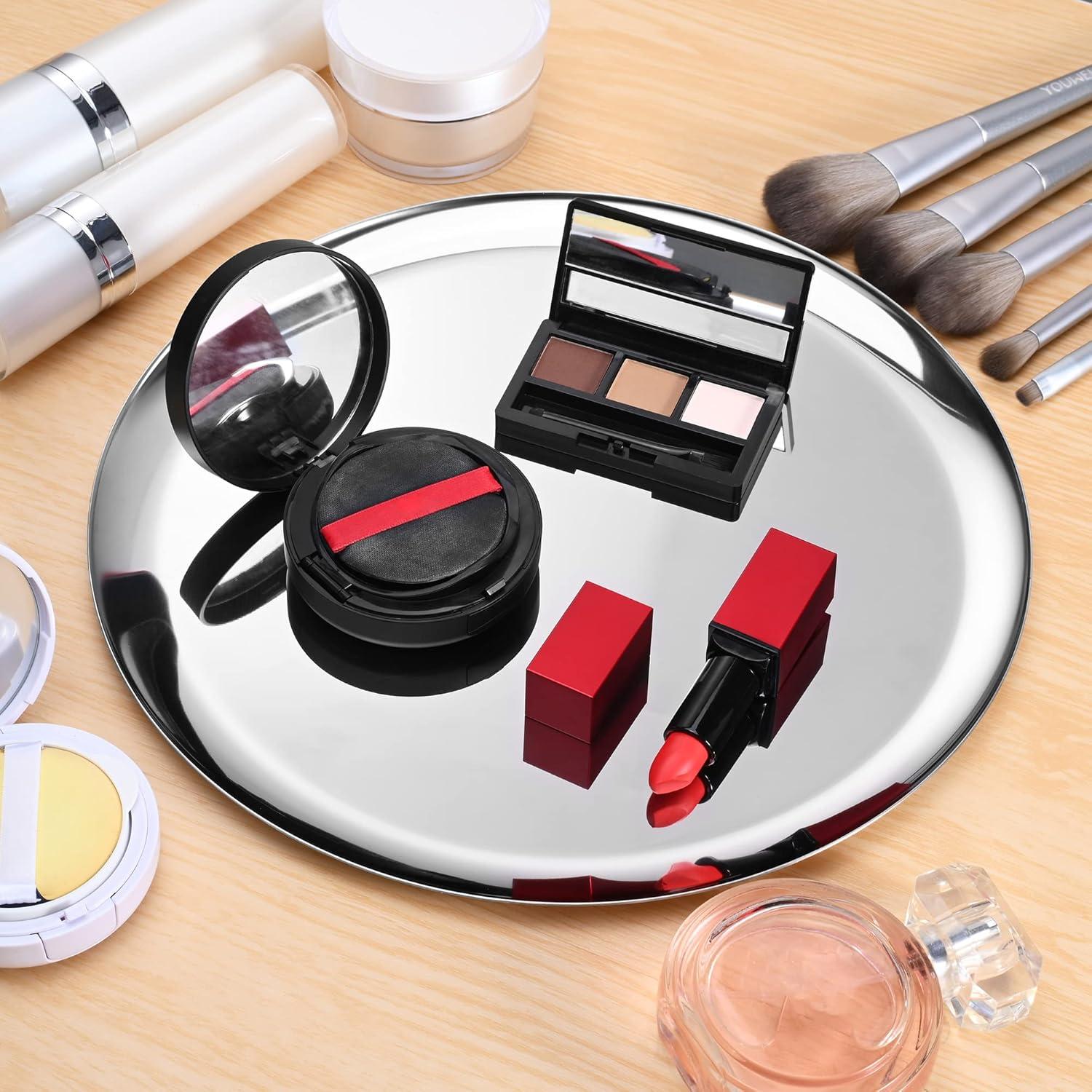 Large Mirror-Polished Stainless Steel Round Tray – Multi-Purpose Decorative Storage for Jewelry, Cosmetics & Essentials – 11.02" Silver Organizer for Bathroom,Bedroom,Coffee Table & Living Room