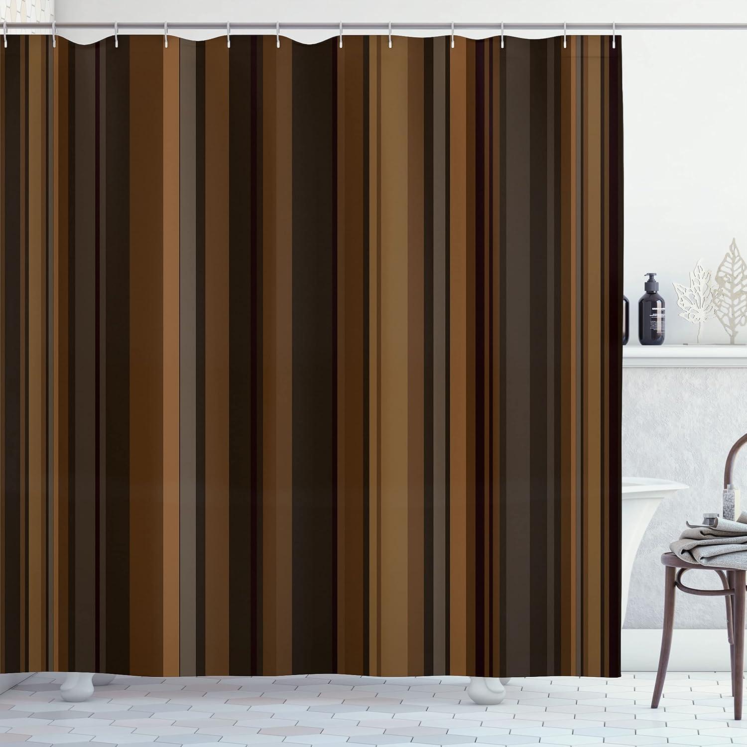 Abstract Shower Curtain, Retro Vertical Striped Background in Different Shades of Earthen Tones Image, Fabric Bathroom Set with Hooks, 69W X 70L Inches, Tan and Brown, by Ambesonne