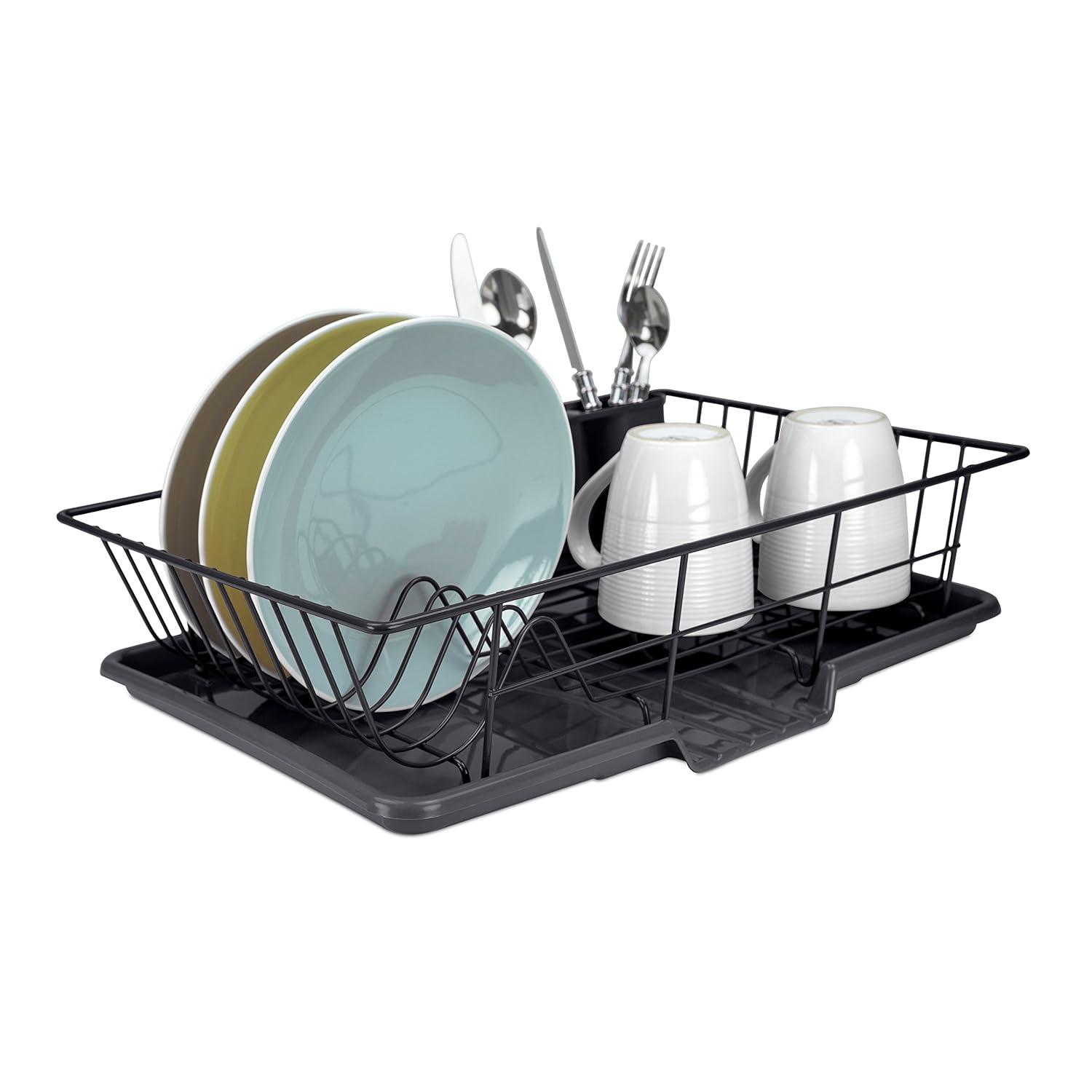 Home Basics Dish Drying Rack (Black) Dish Drainers for Kitchen Counter | with Sloping Tray and Utensil Holder | Big Dish Drying Rack