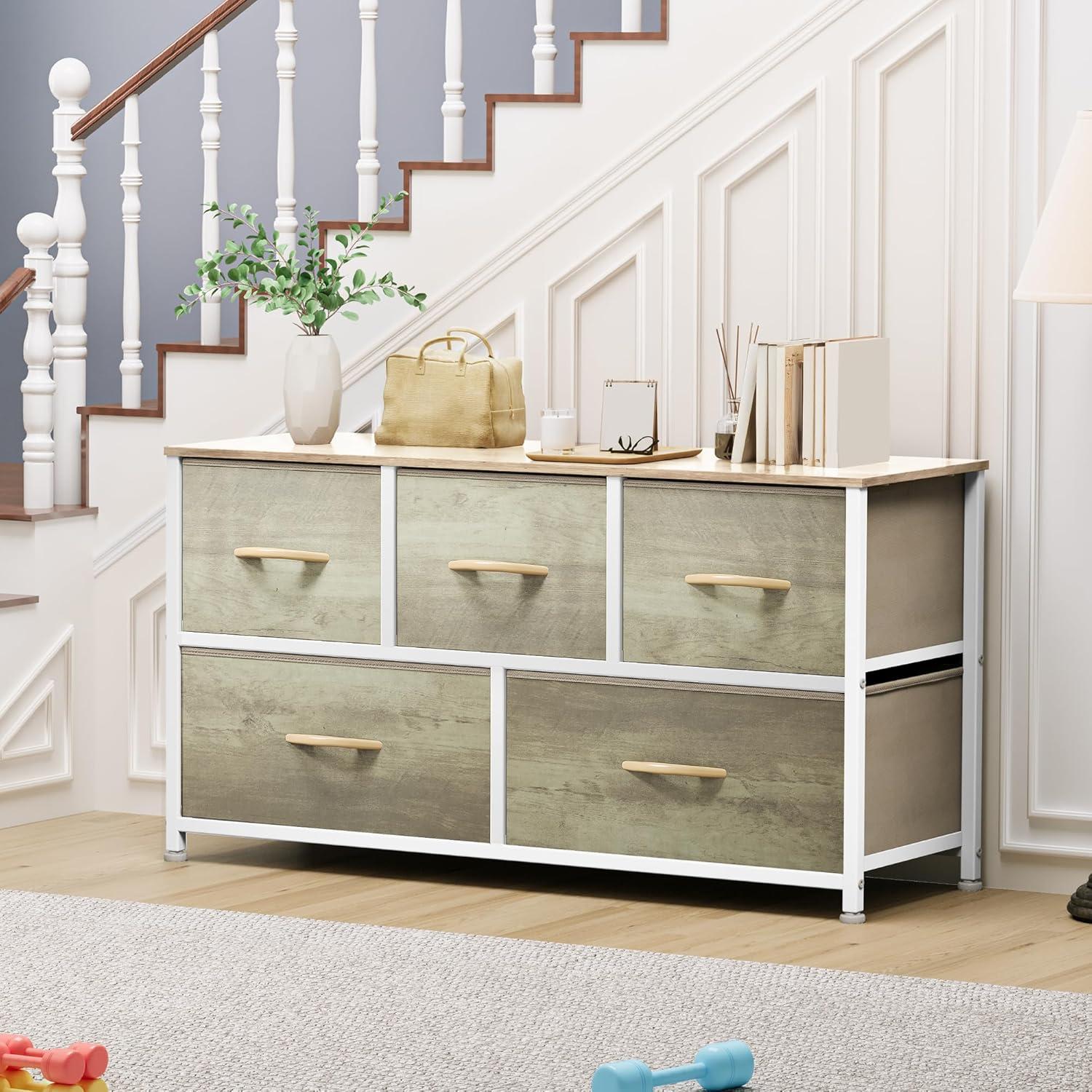 YITAHOME Wide Chest of Drawers, Dresser with 5 Drawers, Oak Greige Fabric Storage Tower, Dresser for Bedroom with 5 Drawers, Living Room, Closets - Sturdy Steel Frame, Wooden Top