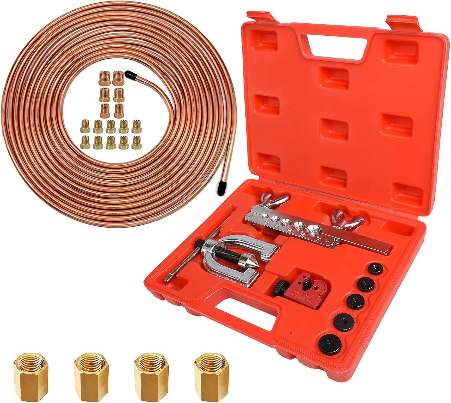 Nextirrer 25ft 3/16 Copper Coated Brake Line Kit with Double & Single Flaring Tool Set