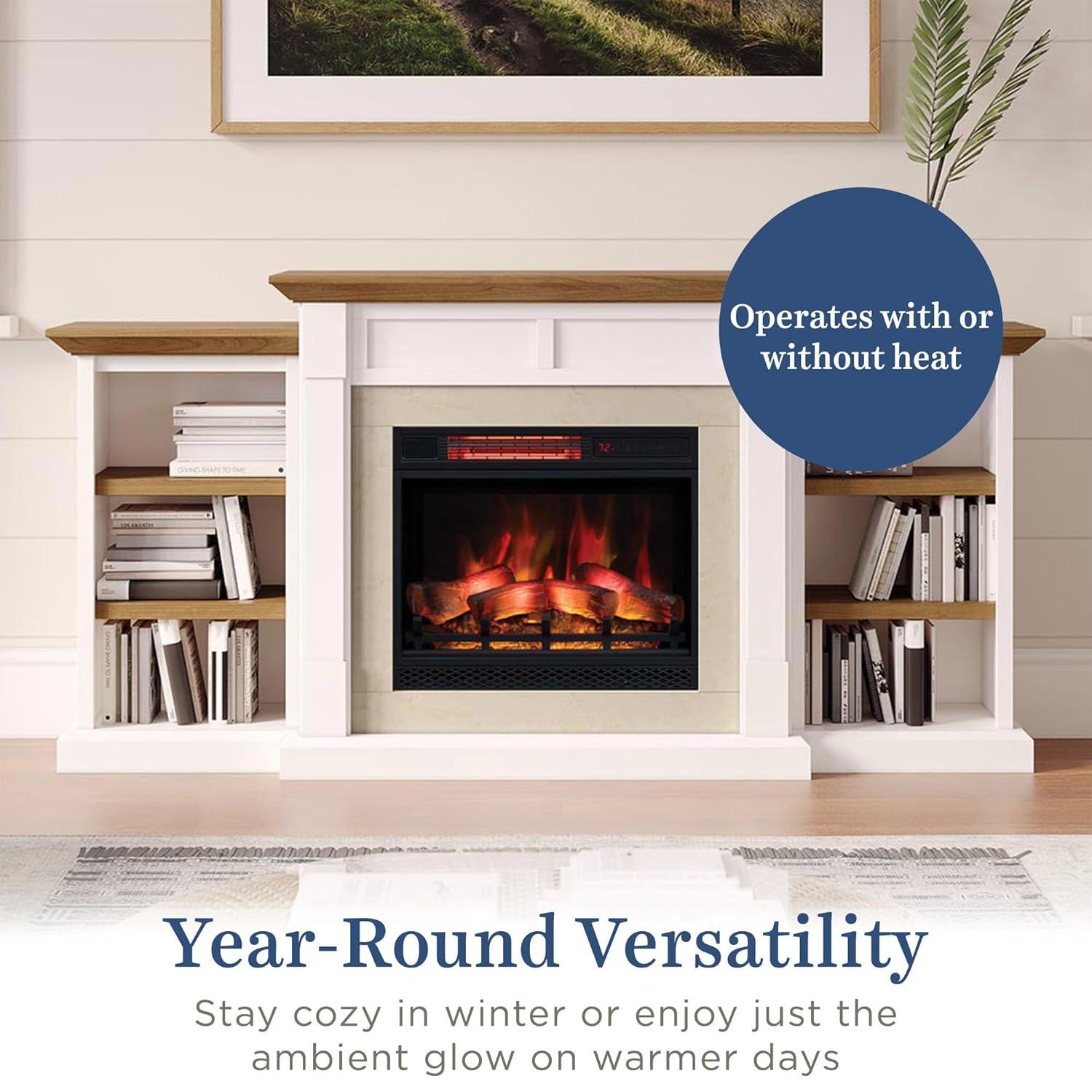 Country Living Belhaven 74 Inch Bookcase Mantel Package | 23 Inch Smart Electric Fireplace Insert Heater