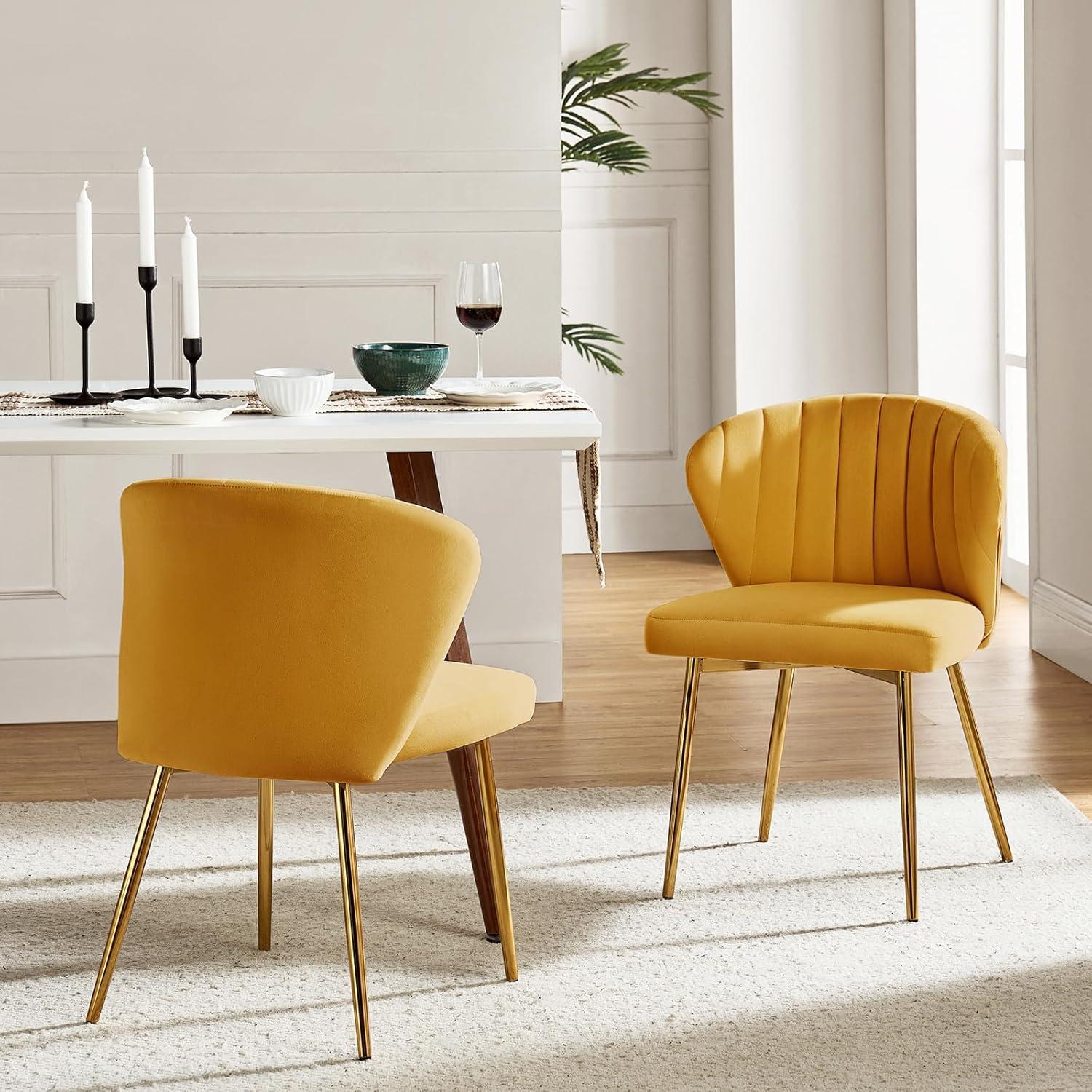 HULALA HOME Velvet Dining Chairs, Modern Small Armless Accent Chair with Gold Metal Legs, Living Room Upholstered Cute Side Chair, Elegant Tufted Back Vanity Chair for Bedroom/Beauty Room-Mustard