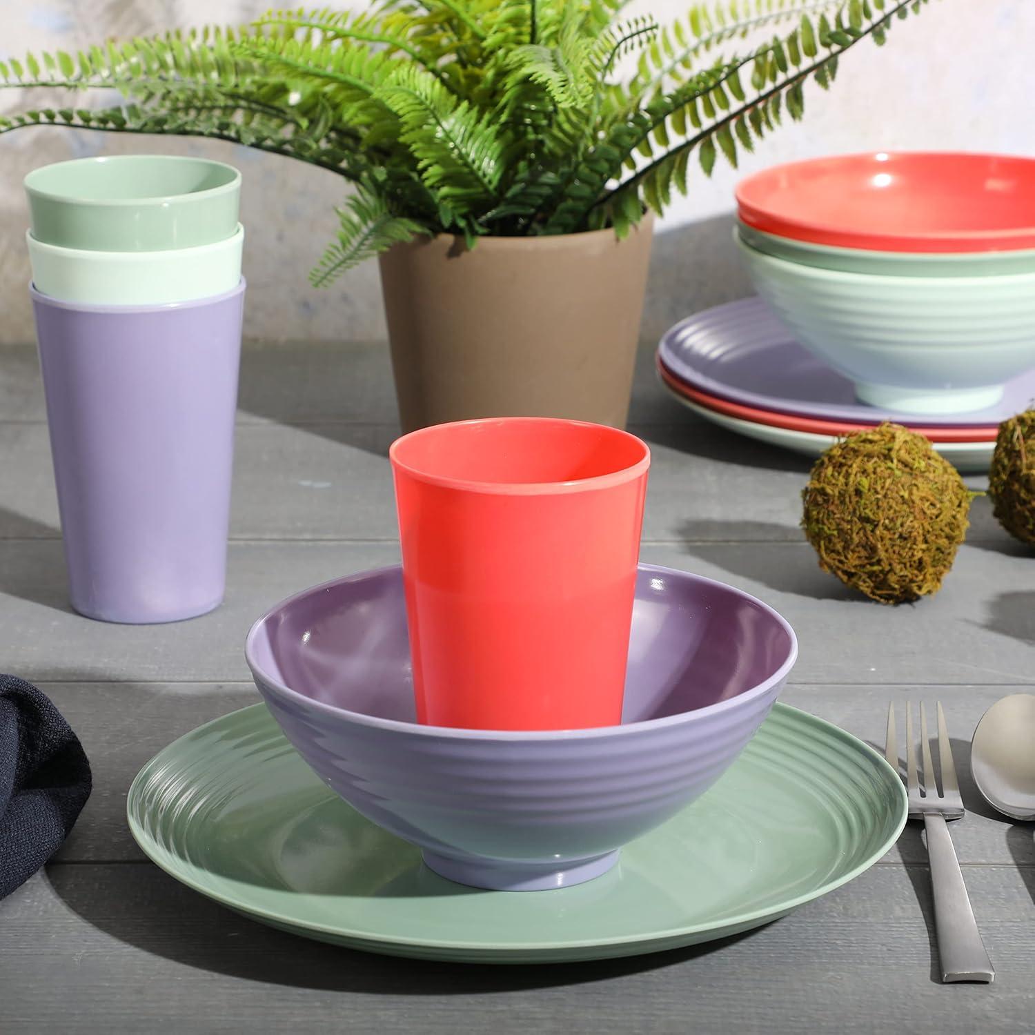 Zelly 12-Piece Assorted Color Melamine Dinnerware Set, Service for 4