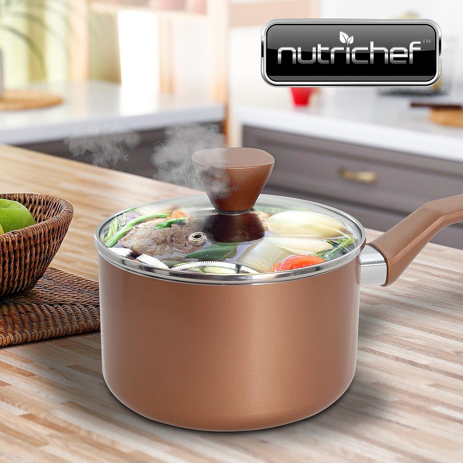 NutriChef Saucepan Pot with Lid - Non-stick High-Qualified Kitchen Cookware with See-Through Tempered Glass Lids, 2 QT