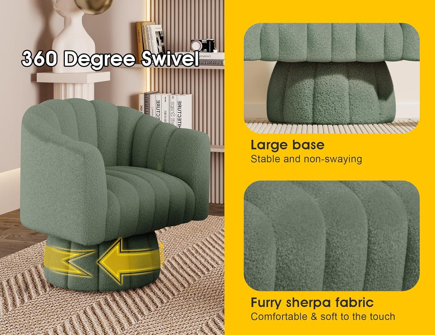 Green Sherpa Swivel Barrel Accent Chair with Upholstered Seat