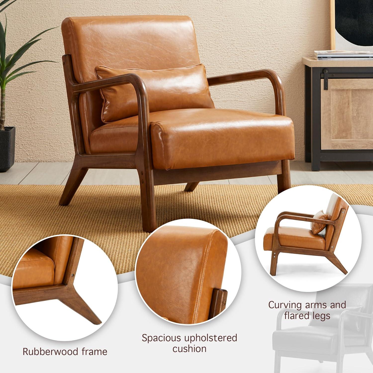 Mid-Century Modern Leatherette Arm Accent Chair Walnut Rubberwood Frame Tan - Glitzhome: Upholstered, Durable, for Office & Home