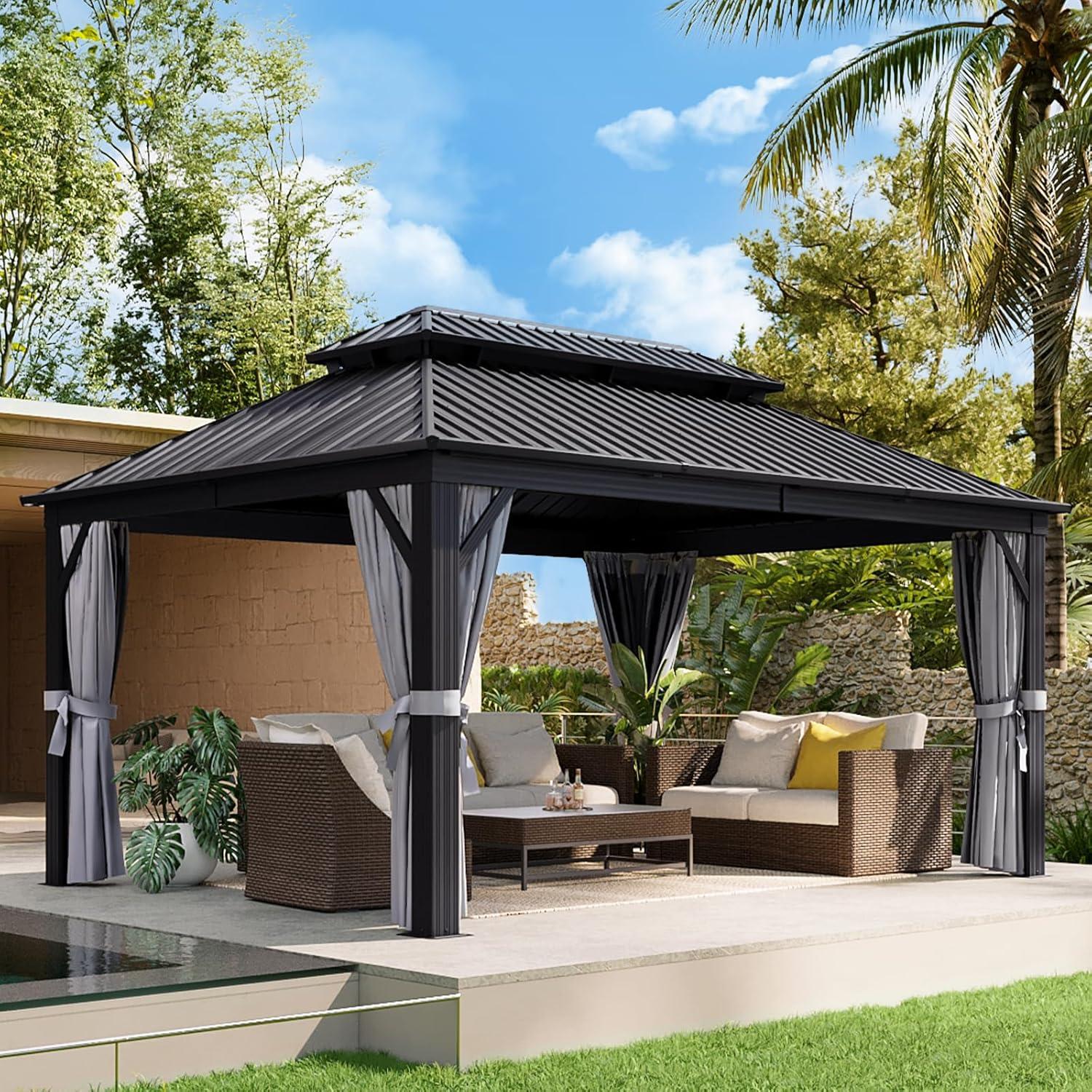 Kozyard Kozyard Alexander Gray Double Roof Hardtop Gazebo with Privacy Curtain Mosquito Netting
