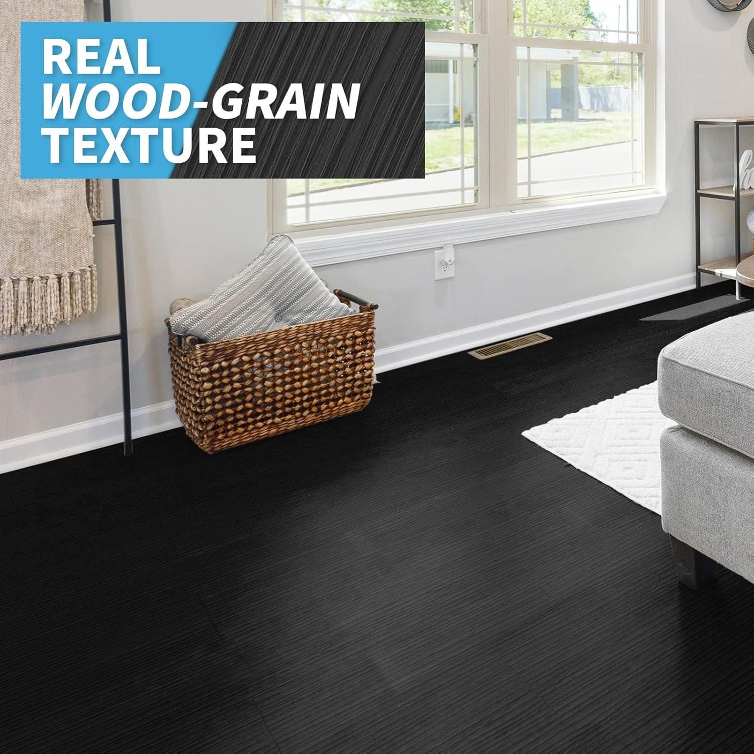 Yun-aeon Black Peel and Stick Floor Tiles 36-Pack 54 Sq Ft Black Stripe Self Adhesive Wood Grain Planks Removable Vinyl Flooring Art Deco for Bedroom Living Room