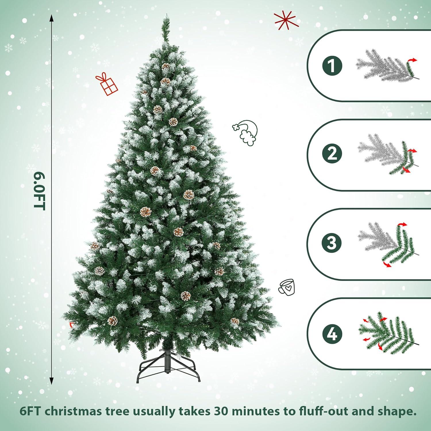 Ayieyill 6FT Pre-Lit Artificial Christmas Tree with 600 Snow Sprayed Tips 150 LED Lights 30 Snowflakes Ornaments